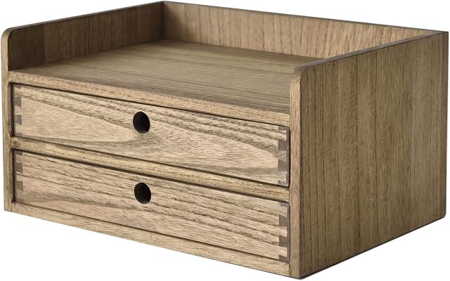 KIRIGEN Wooden Desktop Organizer with Drawers Home Workplace Office Supplies Storage Box Wooden Makeup Box with 2 Drawers and 1 Shelf Dark Brown