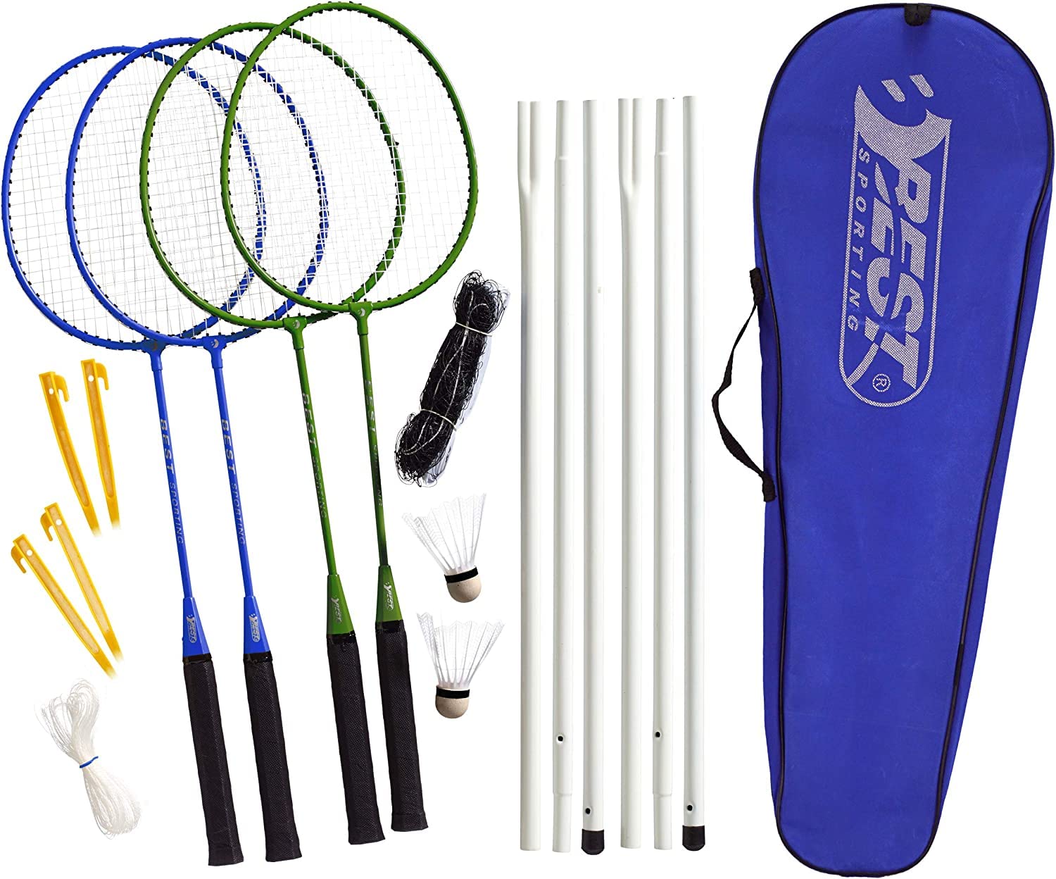 Best Sporting Set di volani per Adulti e Bambini, Composto da Rete, 4 Racchette, 2 Palline da Badminton e Borsa, Set volano per Bambini, Rete da Badminton e Racchette da Giardino