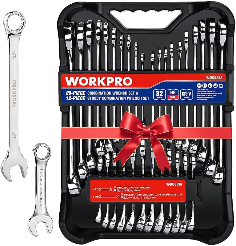 WORKPRO 32-Piece SAE & Metric Combination Wrenches Set, 20-Piece Standard wrenches and 12-Piece Stubby Wrenches with Organizer Tray, Cr-V Steel Mirror Chrome Polished
