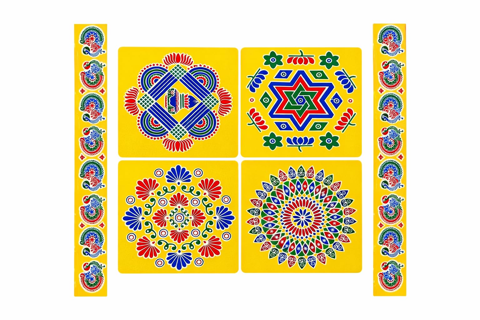 Rangoli Stickers for Diwali Decoration – Set of 6 Peel & Stick Waterproof Floor Kolam Stickers | 4 Square Rangoli + 2 Border Strips | Easy Apply Self-Adhesive Pooja Home Entrance Decor by AARUDHRA