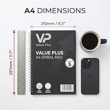 A4 Spiral Notebooks | Soft Cover, Feint Ruled with Margin, 160 Pages, Perforated Wirebound Pads (Pack of 5)