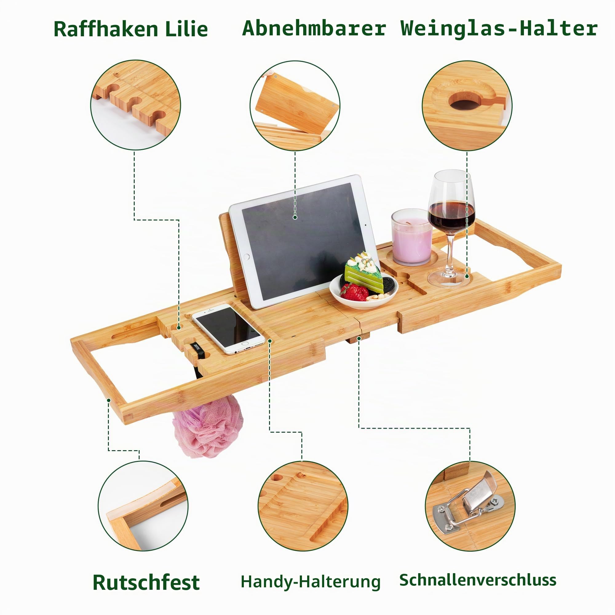 Utoplike Bamboo Bathtub Caddy Tray Badewanne Tablett für Wanne,verstellbare