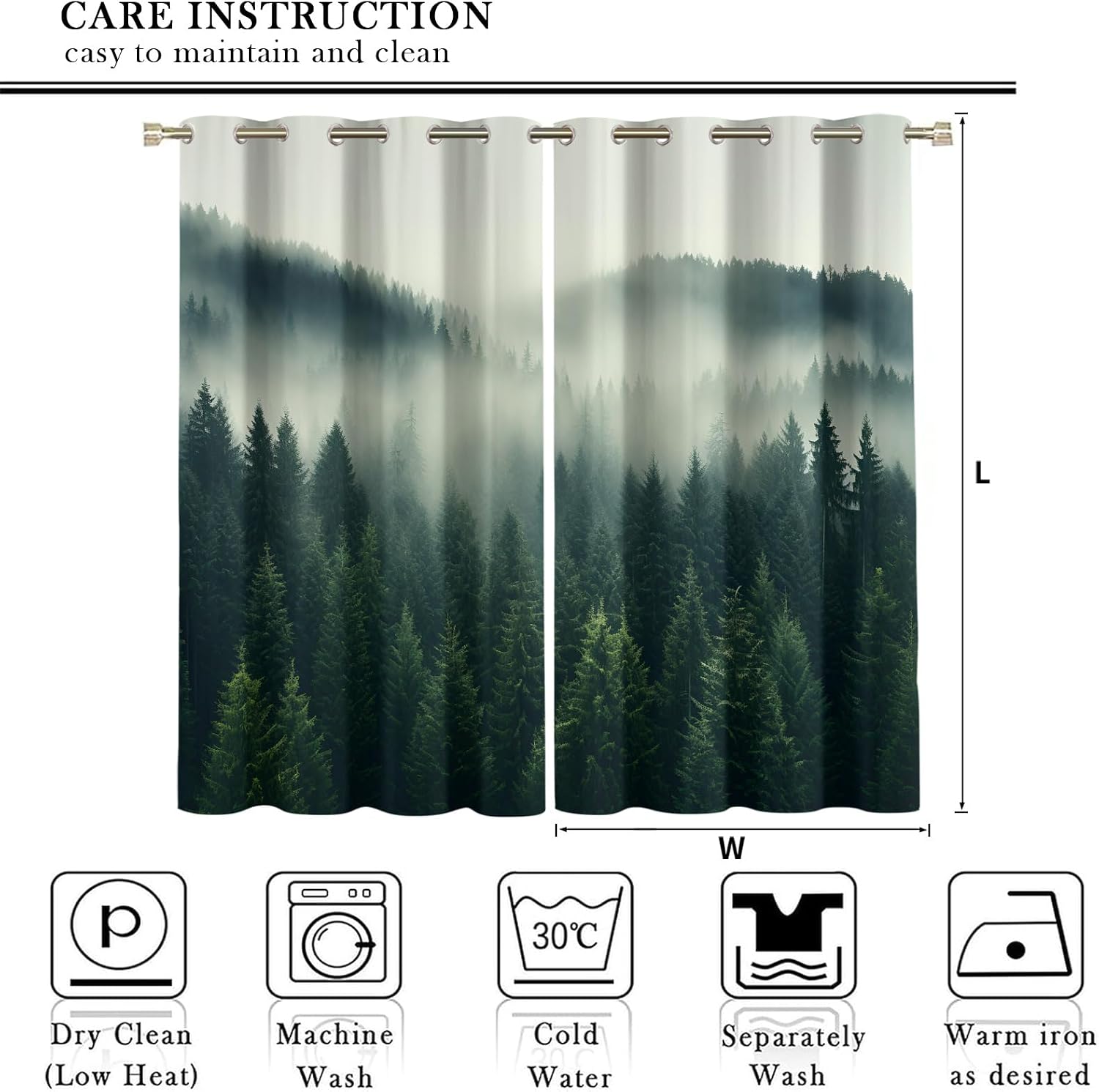 Foggy Forest Printed Curtains & Home Decor, Smoky Forest Blackout Curtains for Bedroom 40 inch Long, Woodland Landscape Grommet Thermal Curtains 2 Panels Set