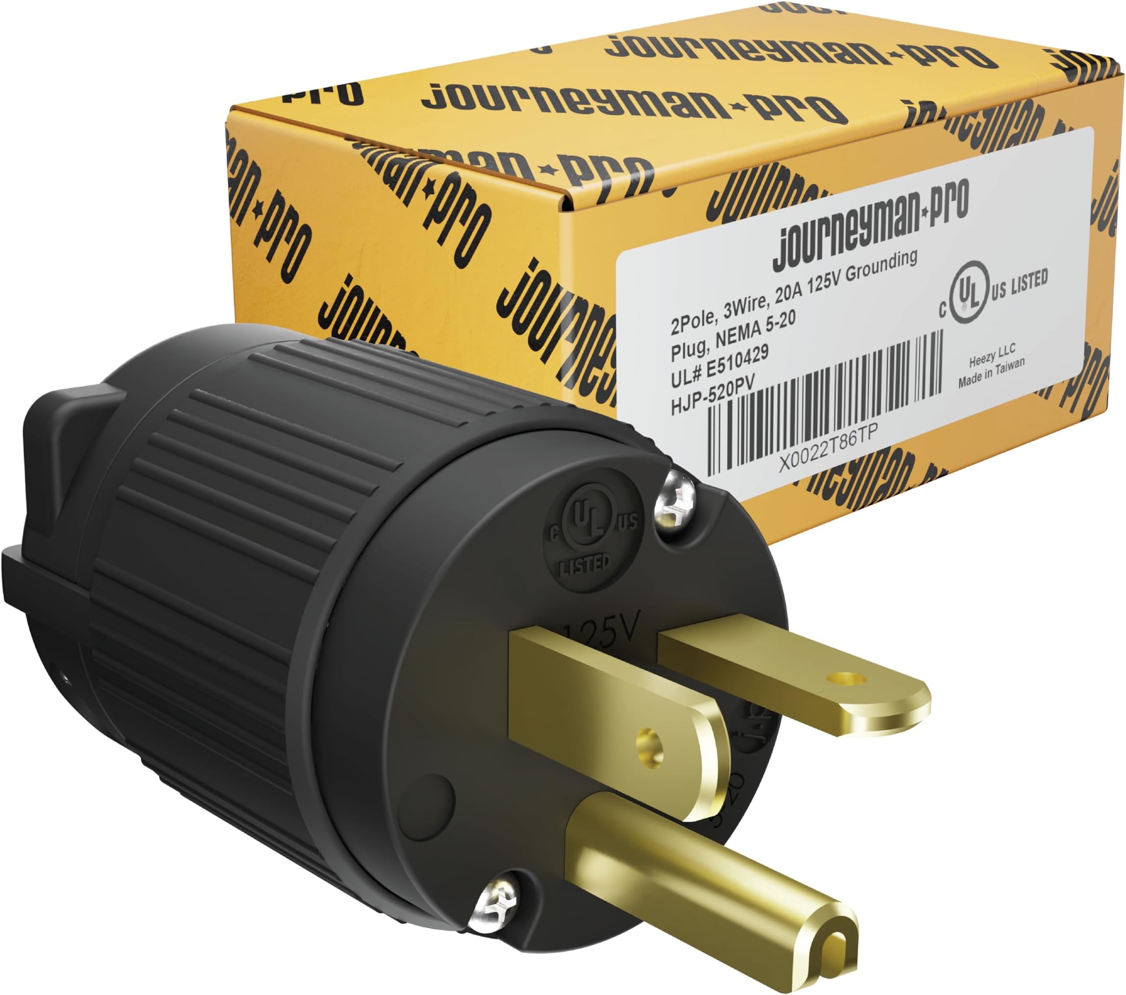 Journeyman-Pro 520PV 20 Amp 120-125 Volt, NEMA 5-20P, 2Pole 3Wire, Straight Blade, Male Plug Replacement Cord Connector Outlet, Commercial Grade PVC (BLACK 1-PACK)