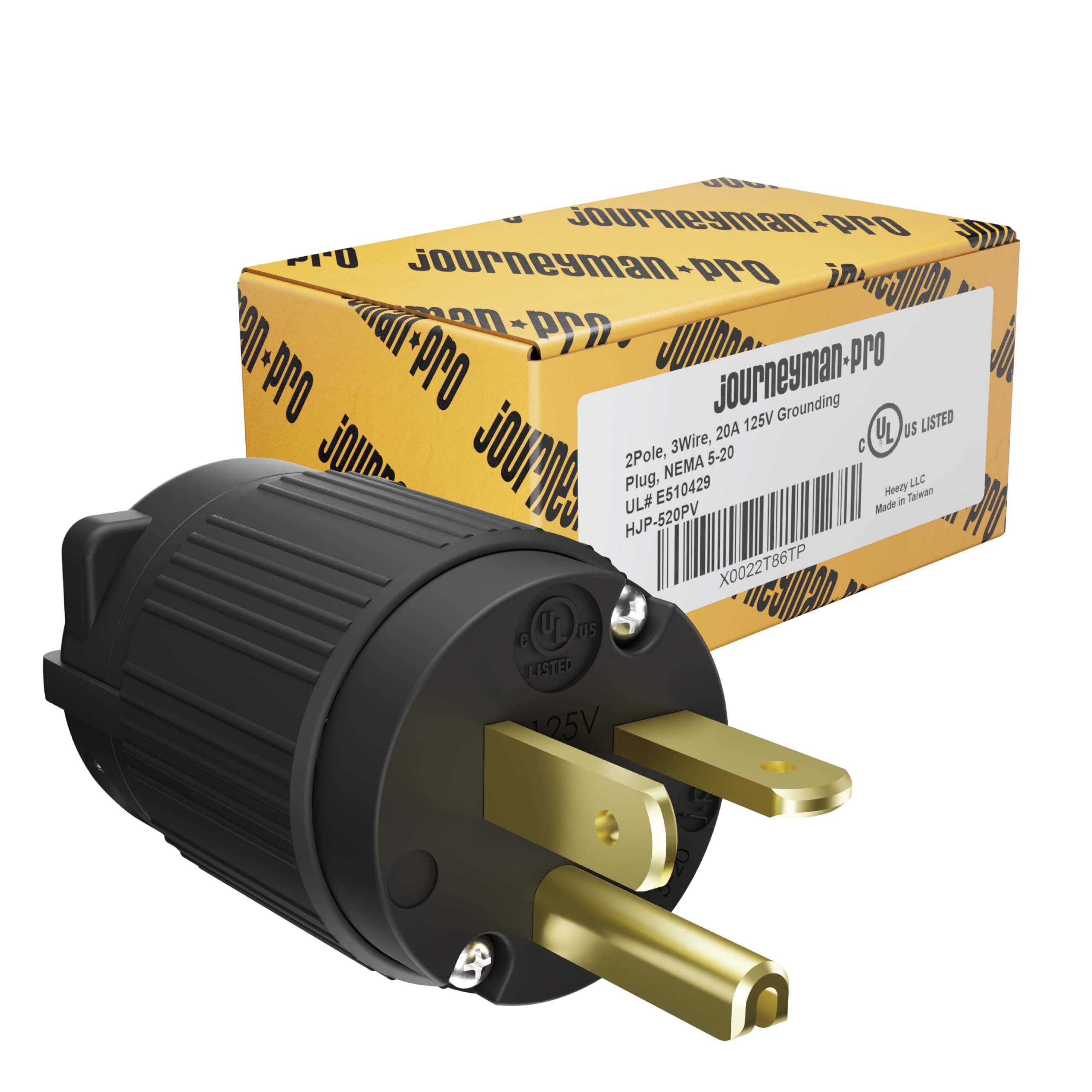 520PV 20 Amp 120-125 Volt, NEMA 5-20P, 2Pole 3Wire, Straight Blade, Male Plug Replacement Cord Connector Outlet, Commercial Grade PVC (BLACK 1-PACK)