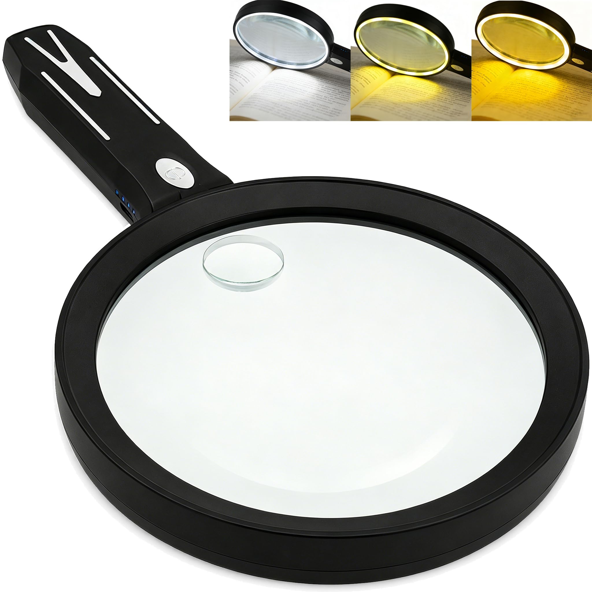 10-fache große Lupe mit Licht, 14,7 cm mit 28 LEDs, Handlupe, 1500 mAh, wiederaufladbar, mit dreifarbigen Modi und Power-Anzeige, beleuchtete Lupe für Senioren, Lesen, Naharbeit