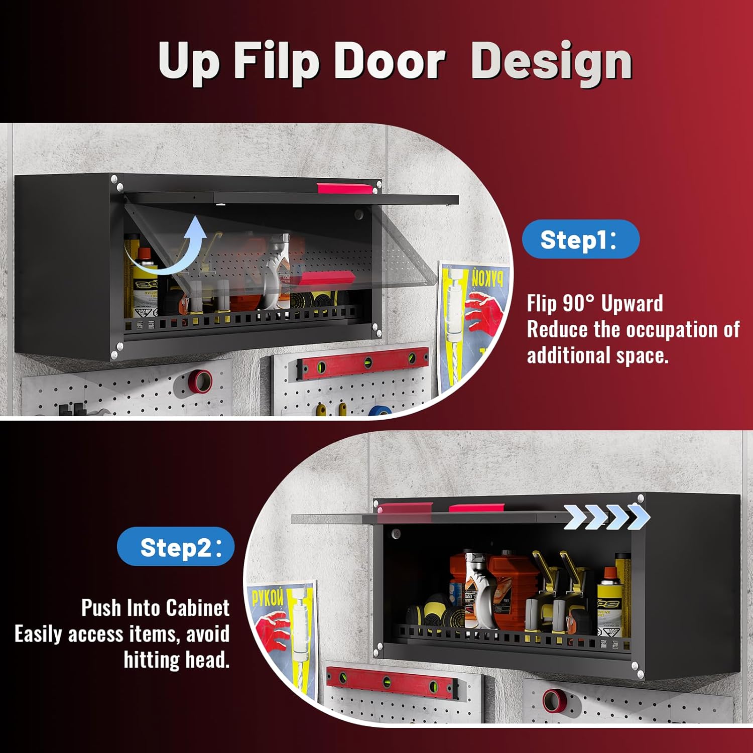 Kelueo 31.5" Metal Wall Cabinet,Heavy Duty Garage Wall Cabinet with Up-Flip Door,120 lbs Capacity Wall Mounted Tool Organizer for Basement,Kitchen,Warehouse Assembly Required
