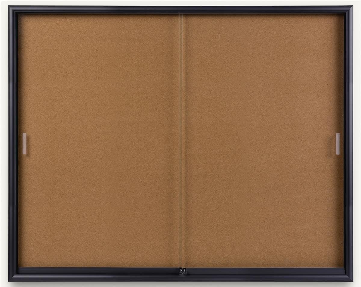 Displays2go Large Cork Board with Black Aluminum Frame, 60" x 48" Pin Board for Office – Locking Sliding Glass Doors, Wall Bulletin Board with Z-Bar Mounting