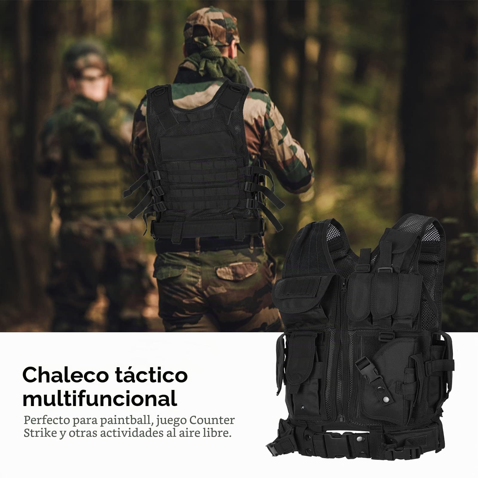 Lixada Chaleco táctico militar de poliéster para airsoft caza negro