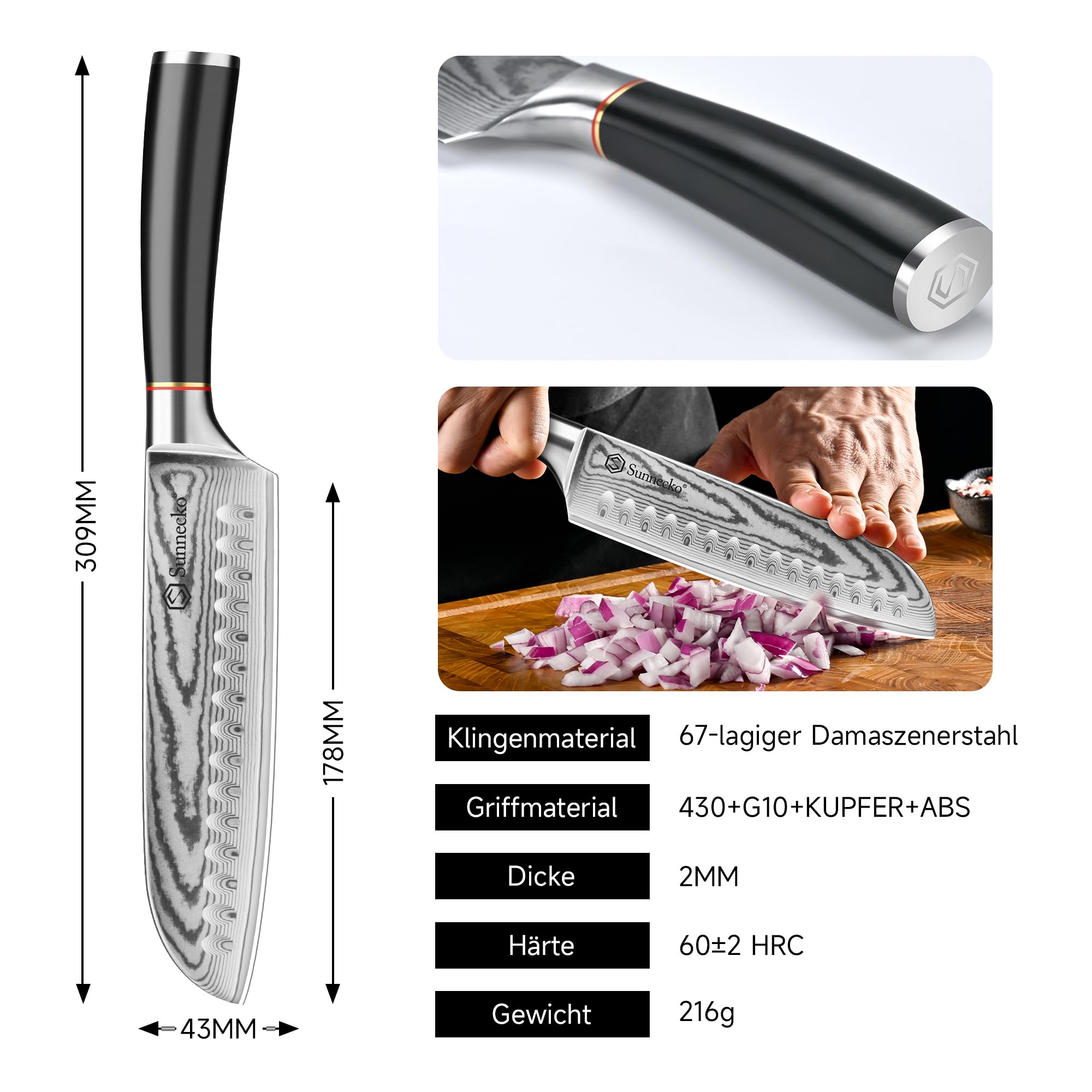 Sunnecko Santoku Messer Damastmesser 17cm, Hochwertiges Küchenmesser aus VG-10 Stahl, Fleischmesser mit Ergonomischem Griff, Schärfes Kochmesser für Lebensmittel