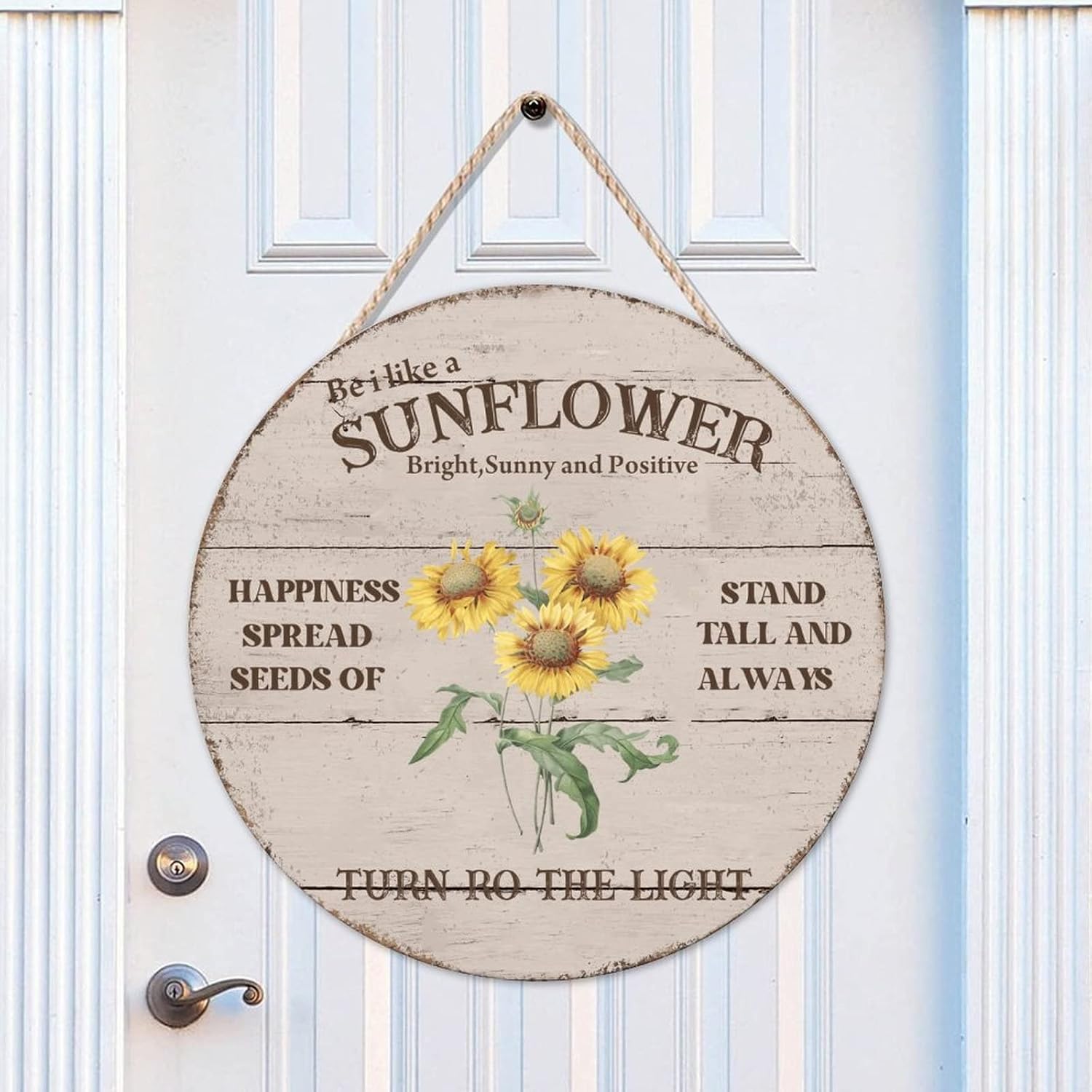Sunny Wall Hanging Sign Plaque, Sunflower Wood Door Sign, Gold 16x16in Front Door Sign Decor for Outdoor Front Porch Farmhouse Housewarming Gifts