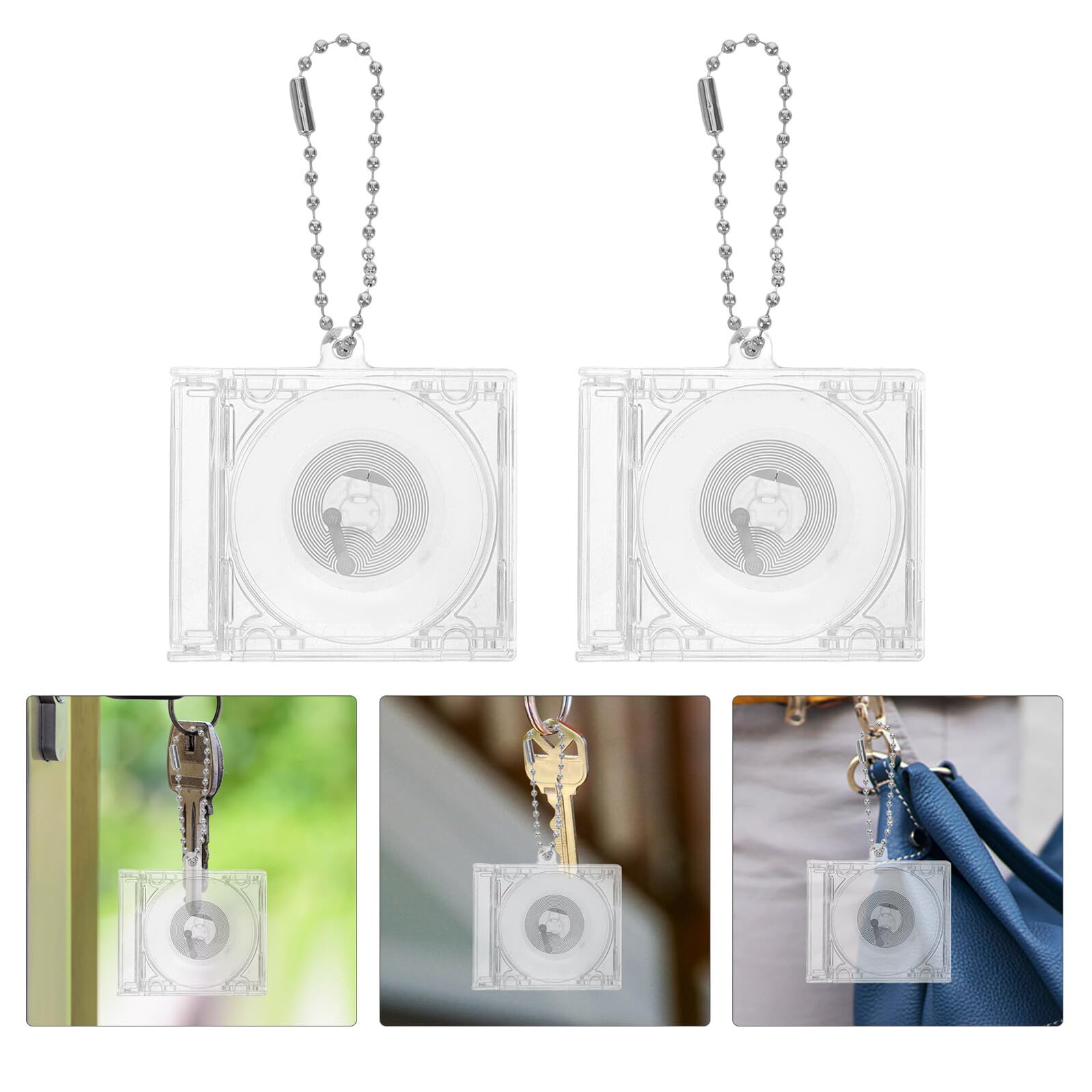 Healeved Mini-CD-Halter, Schlüsselanhänger-Set mit NFC-Chip und silberfarbener Perlenkette, tragbare Mini-Album-Disc-Hülle für DIY-Rucksack, hängende Dekoration und Zubehör, 10 Stück