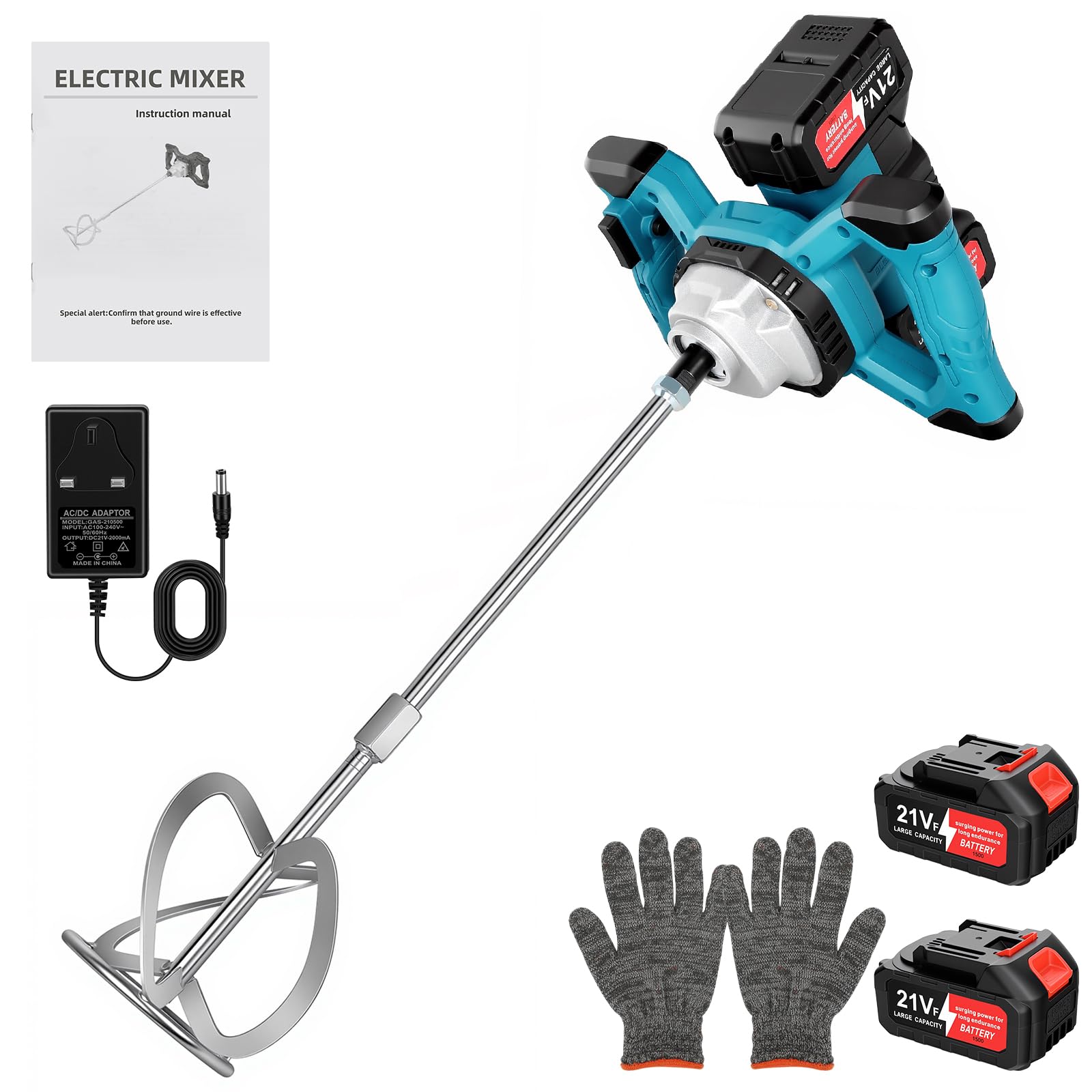 Cement Mixer Compatible with Makita 18V Battery, Portable Paint Mortar Mixer with 6 Speed, Max 522 RPM, Electric Concrete Stirrer for Mixing Fodder Mortar Paint Glue Putty with Two 3000mah Battery