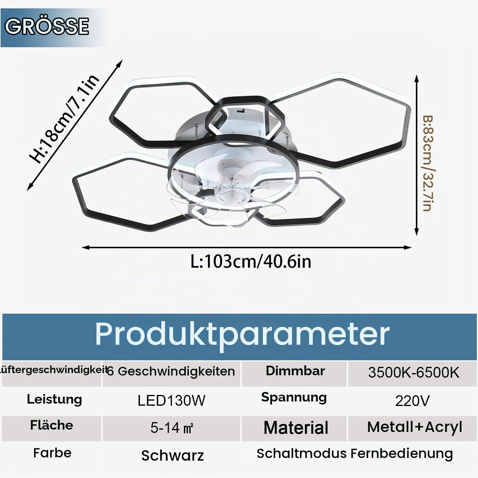 Groß Lampe Mit Ventilator LED Dimmbar Schlafzimmer Deckenventilator Mit Beleuchtung Fernbedienung Leise Reversibel Deckenleuchte Mit Ventilator Modern 6 Gang Smart Für Wohnzimmer, Küche-Schwarz