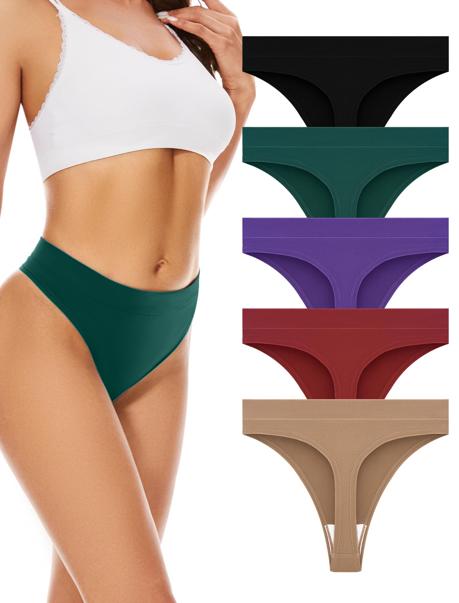VOENXE Nahtloser String Tanga Damen,Hohe Taille Sport Unterwäsche Frauen Mehrpack mit Breitem Bund,Unsichtbarer Seamless Slip für Fitness Alltag,Invisible Women Thong Underwear,5er Pack,Vintage L