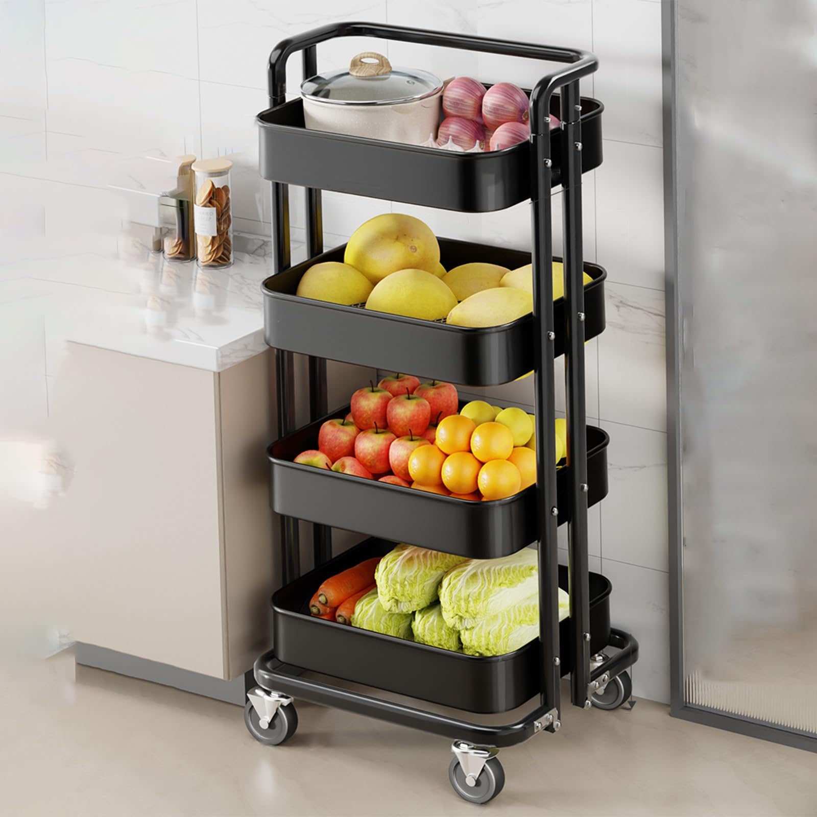 METTEOR Snack Storage Rack,Snack Rack for Kitchen/Supermarket/Barber Shop, Portable Market Shelf Retail Display Rack with Universal Wheel, Large Capacity Bakery Display Rack((Black Large)