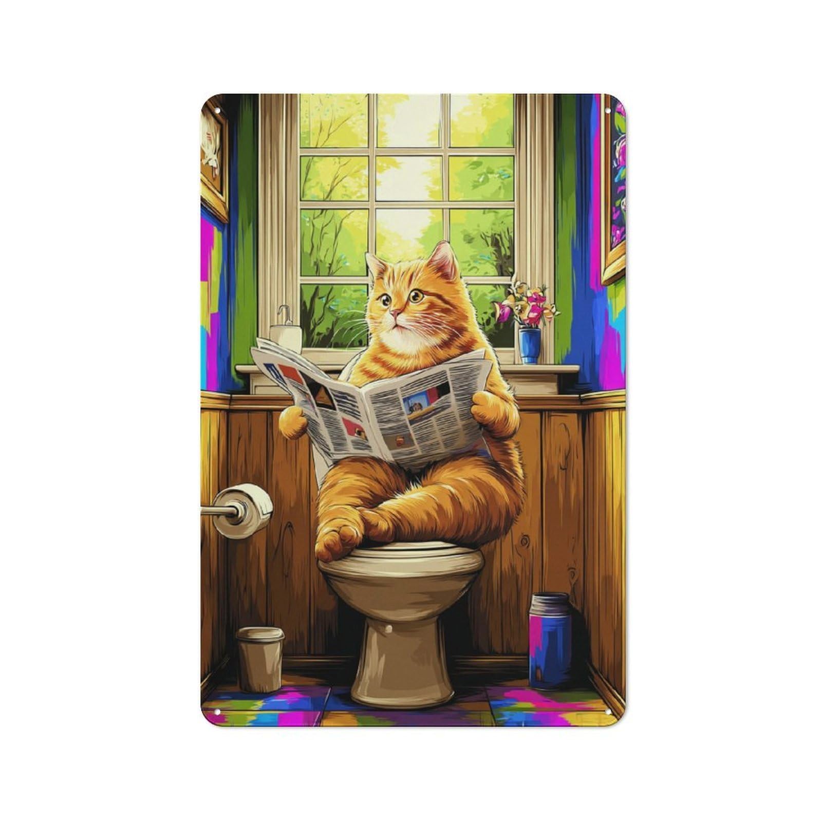 Junmoney Cat Reading Newspaper On Toilet Modern Vintage Metal Desk Wall Sign 30X20cm, Office Wall Decor For Office, Study, Studio Or Hallway