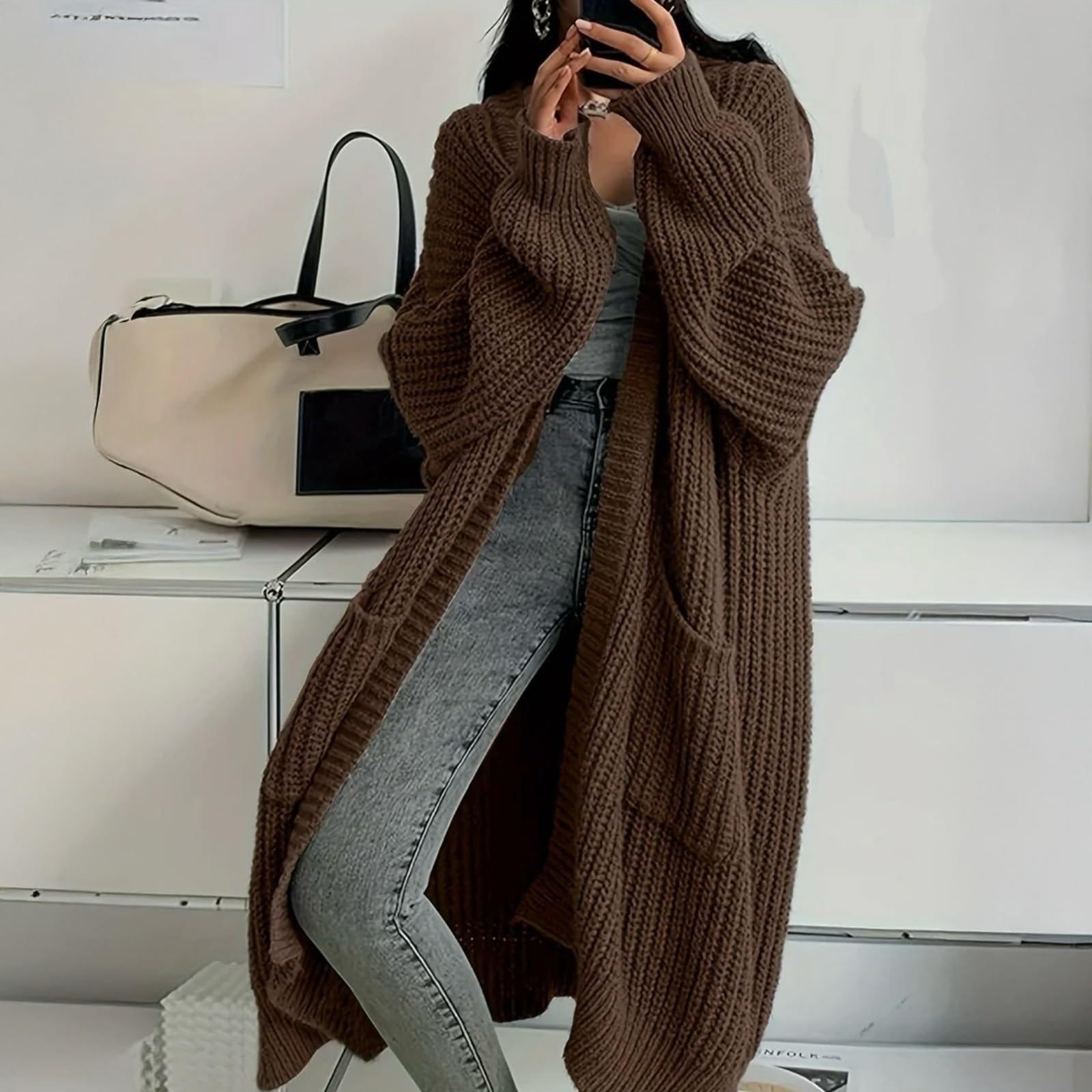 Długi Oversize Kardigan z Grubej Dzianiny Damski Jesienny Gruby Sweter Luźny Płaszcz Dzianinowy Miękki i Puszysty Kardigan z Kieszeniami(Coffee,Large)