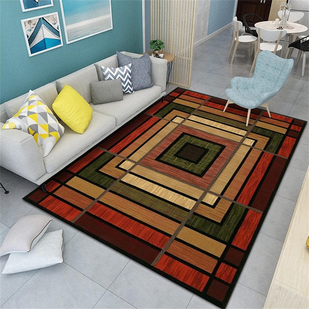 Tapis de salon deco chambre ado fille moderne rouge géométrique doux lavable 80x120