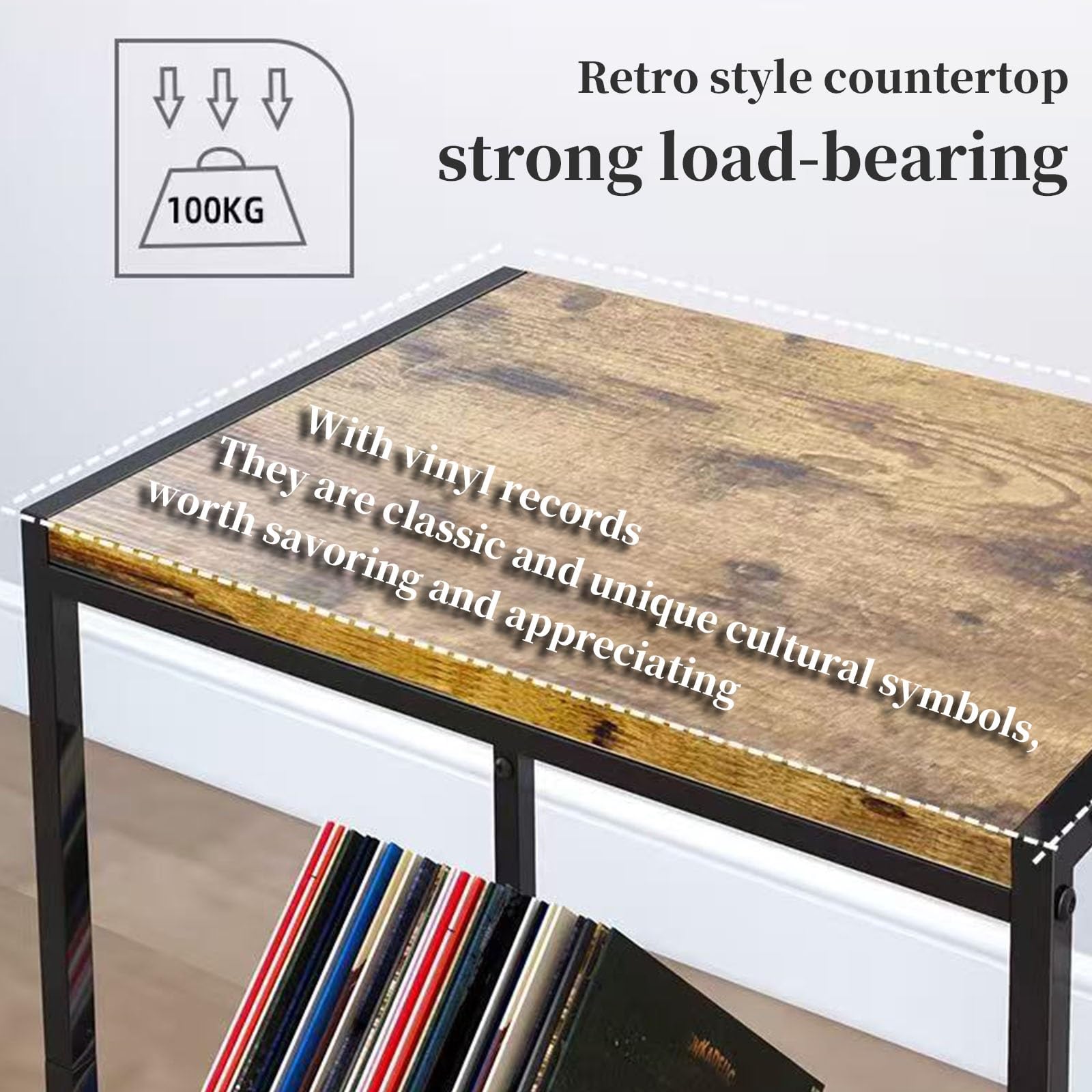 Stojak na płyty winylowe z kółkami, 2-poziomowy stojak mieści do 200 LP, regulowane przegrody, torba do przechowywania, metalowa rama retro, na gramofon, wielofunkcyjny regał na książki