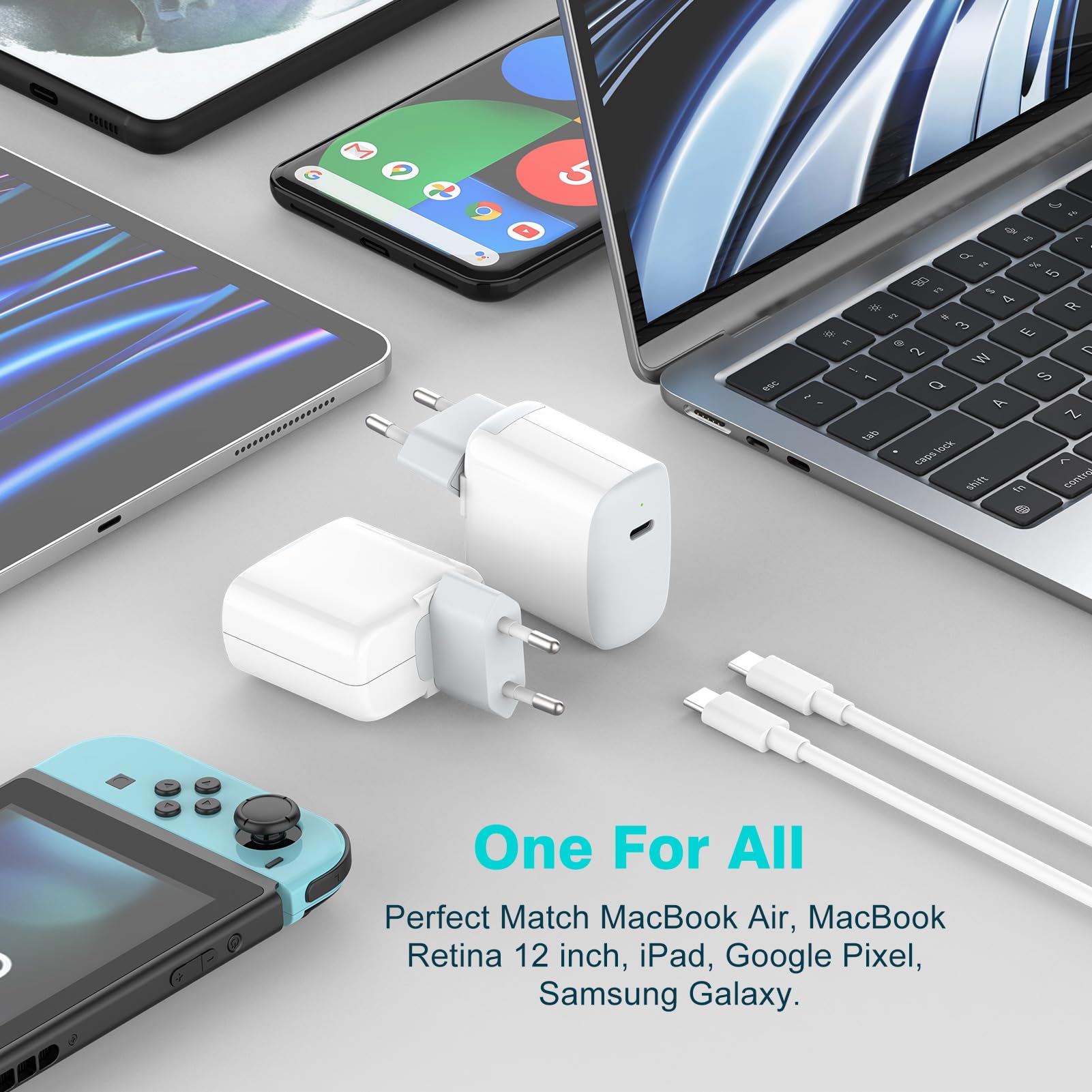 30W Chargeur USB C Compatible avec MacBook Air 13 12 Pouces, iPad Pro 13, 12.9, 11 2024 2023 2022 2021 2020 2019 M4 M2 M1, iPad Air 5 4, Mini 6, iPhone 15, Google Pixel 8 7 Pro, Câble USB-C 6.6ft