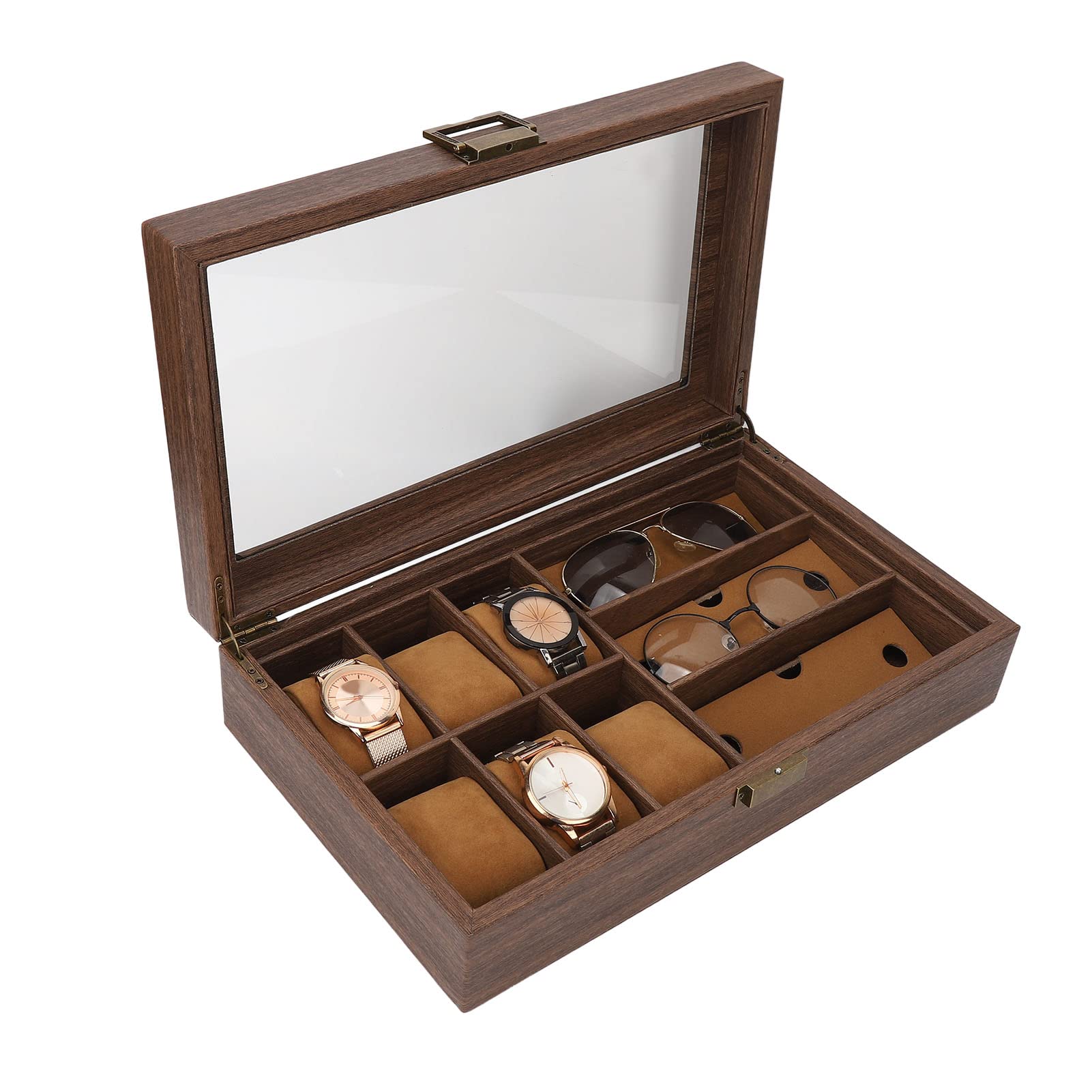 Caja de reloj de madera a prueba de polvo impermeable reloj de grano de madera retro organizador de almacenamiento de múltiples relojes caja de exhibición de gafas
