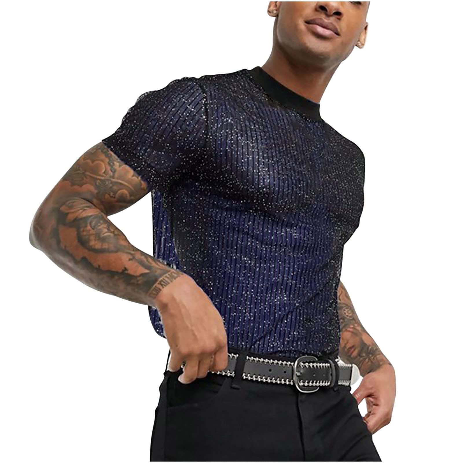Mens Sheer Mesh T-Shirt Short Sleeve See Through Clubwear Sexy Glitter Party Tees Top