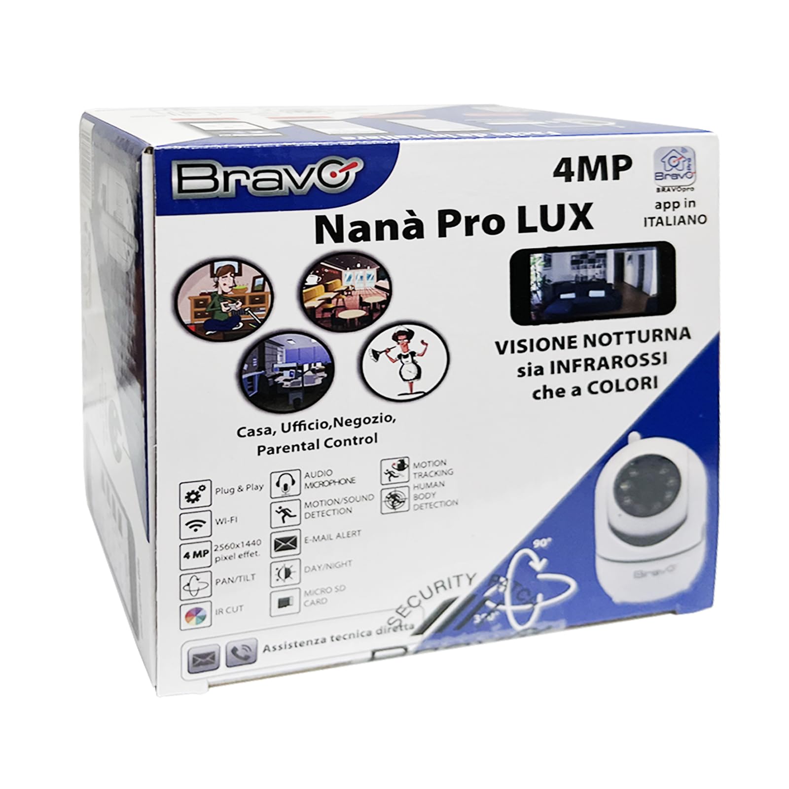 Bravo Telecamera Wi-Fi da Interno, 1440p QHD, Motorizzata 360°, Visione Notturna a Colori, Compatibile ONVIF