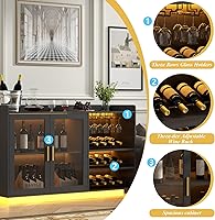 Vista 6 de Gabinete de barra de vino Loomie con luces LED, barra de café flotante con estante de vidrio y estantes de vino removibles, aparador buffet moderno
