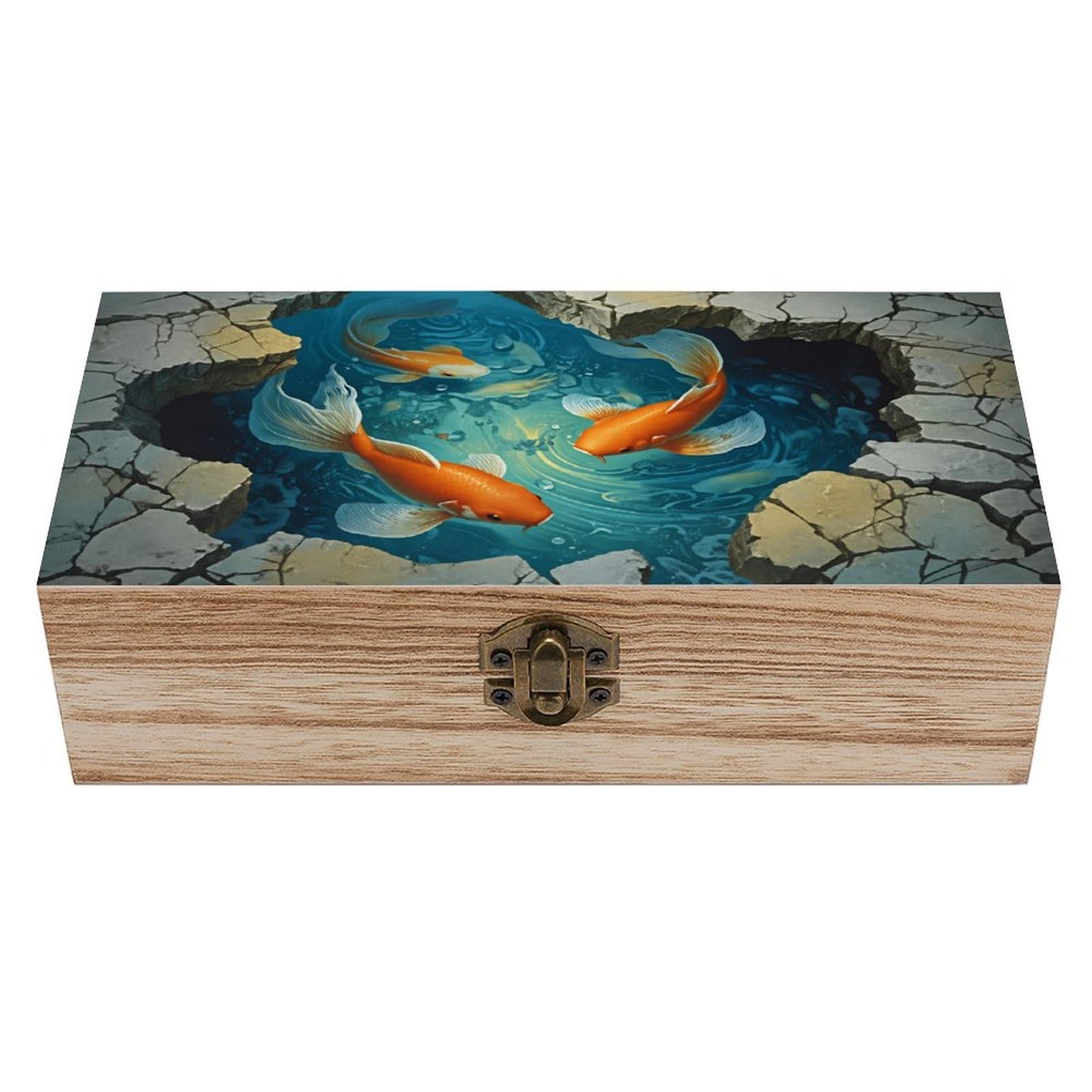 SMAZDFXX Koi Fish Wooden Keepsake Box Vintage Solid Wood with Hinged Lid 7.9"×3.7"×2.3" Metal Latch Rustic Home Decor for Jewelry Photos And Trinkets