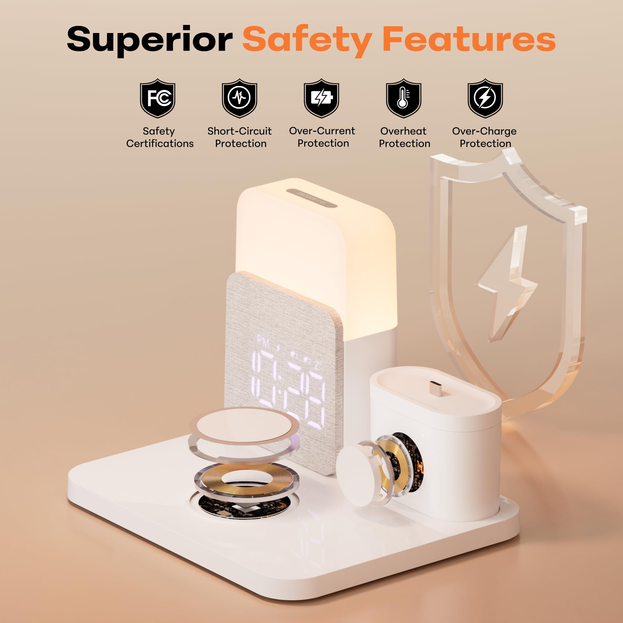 5 in 1 Caricatore Wireless per i-phone, Stazione di Ricarica con Sveglia | Caricatore 3 in 1 A-Watch Air-Pods i-phone 17-11 e Luce 3 Colori Regolabile, Adattatore Incluso – per Camera, Ufficio