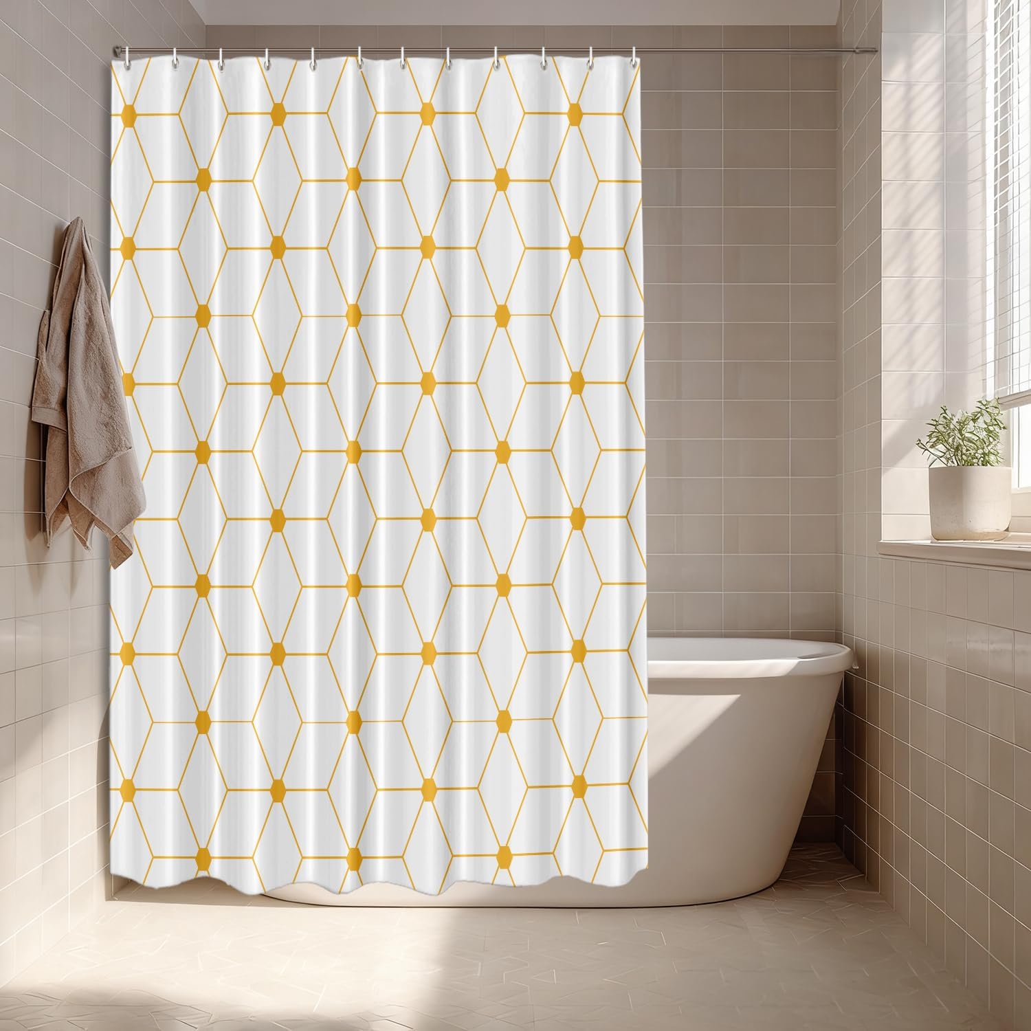 Batmerry Geometric Decor Shower Curtain, Sacred Geometry Grid Graphic Golden Hexagon Bathroom Decor Polyester Fiber Plastic Rings Quick-Drying Waterproof for Bathtubs/Bathroom, 72x72 inches
