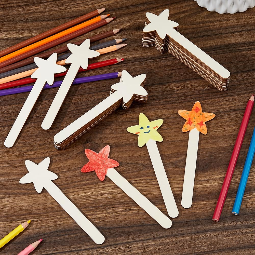 SUPERFINDINGS 60Pcs Wood Star Wand Magical Star Sticks 1.81x5.51Inch/46x140mm DIY Painting Sticks Unfinished Wood Star Stick Make Your Own Princess Fairy Wand for Party Favor Art