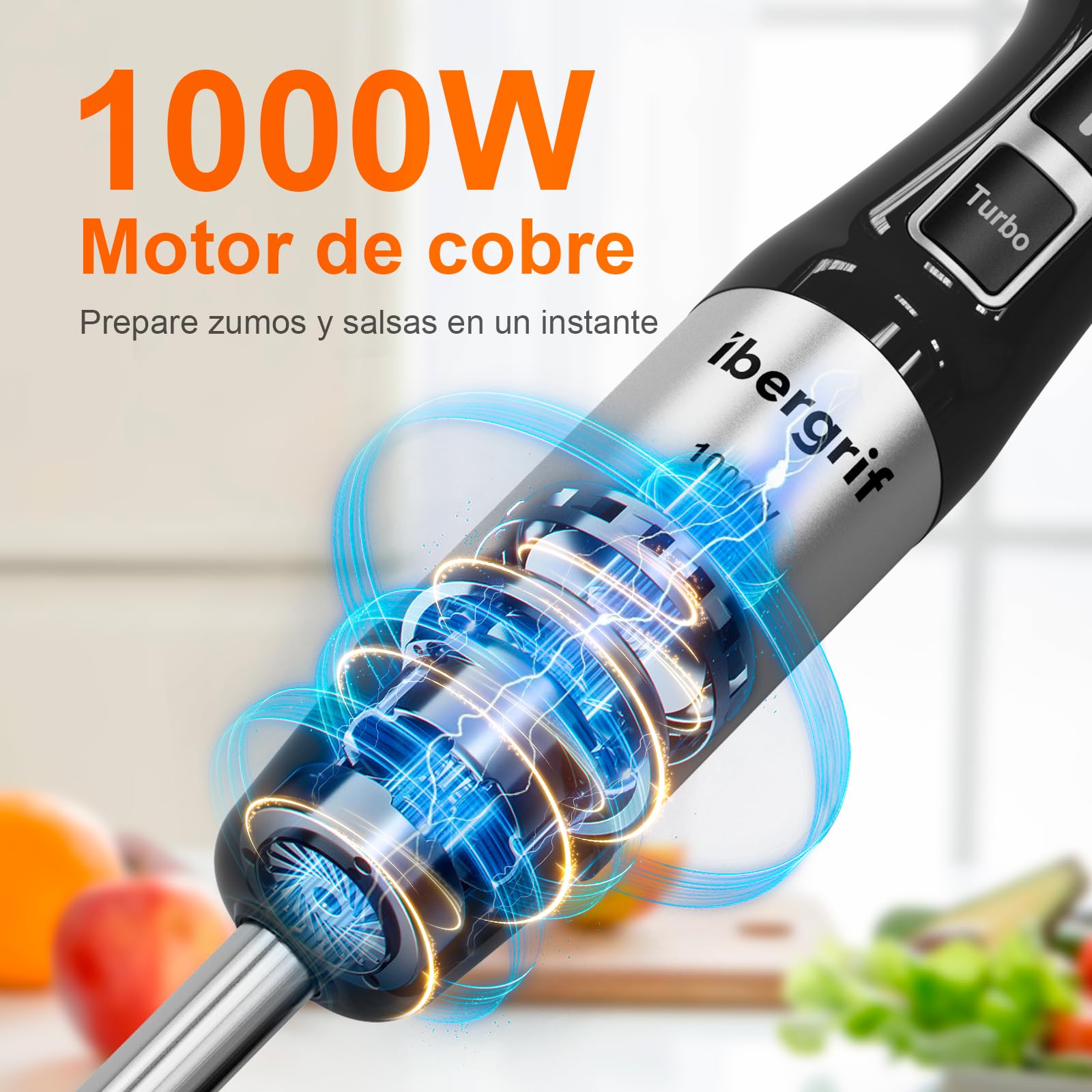 Ibergrif Batidora de Mano 1000W de Acero Inoxidable para Uso Diario con Control de Velocidad Progresivo y Botón Turbo para Sopas Purés Smoothies y Salsas