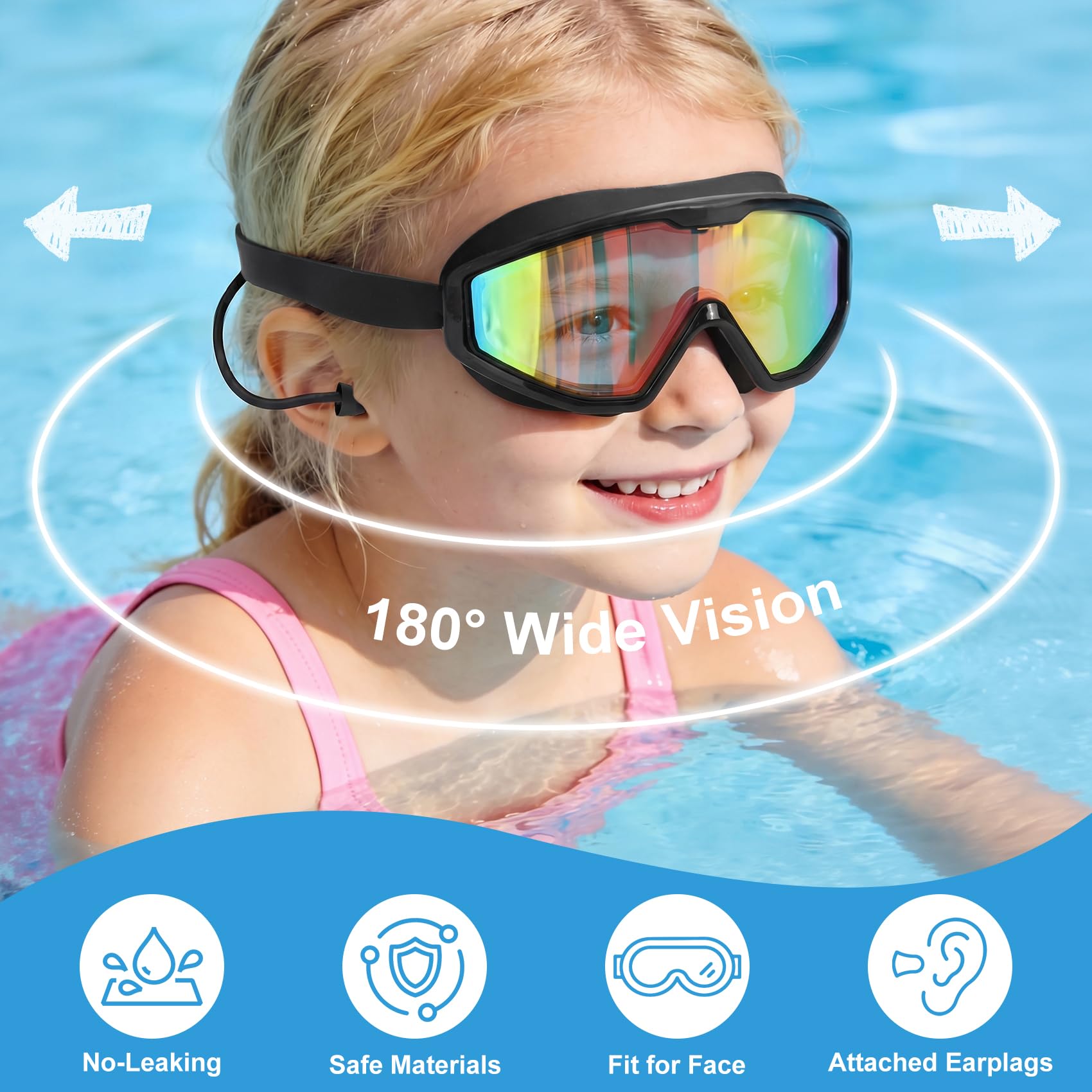 Schwimmbrille für Kinder von 6–14 Jahren, Schwimmbrille mit Ohrstöpseln, Nasenklammer, Anti-Beschlag-UV-Schutz, Weitsicht, großer Rahmen, Pool, Wasser, Kinderbrille für Jungen, Mädchen