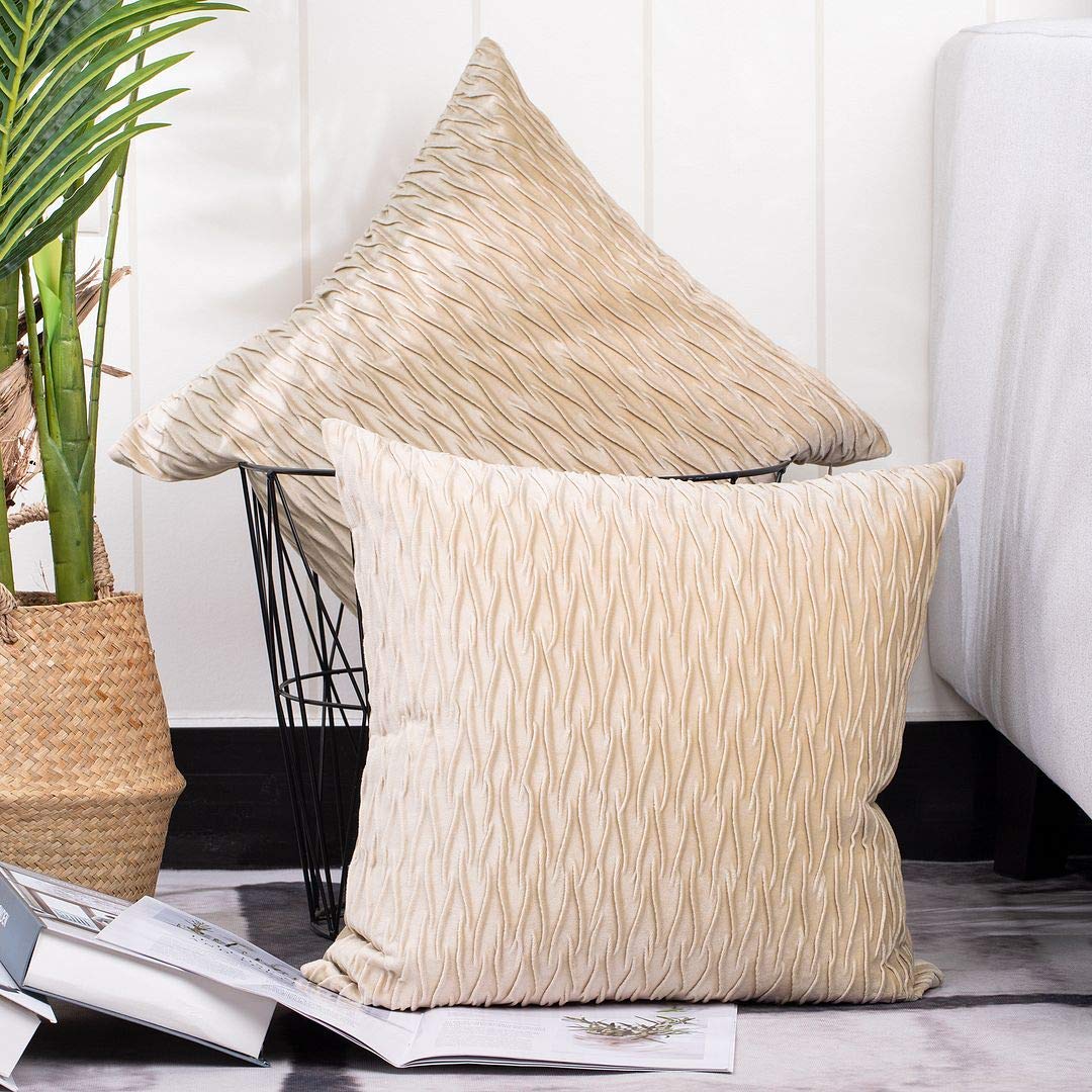 Madizz Pack of 2 Super Soft Velvet Decorative Cushion Covers with Texture Luxury Style Throw Pillow Cases Pillow Shell for Sofa Bedroom Square Beige 22x22 inch