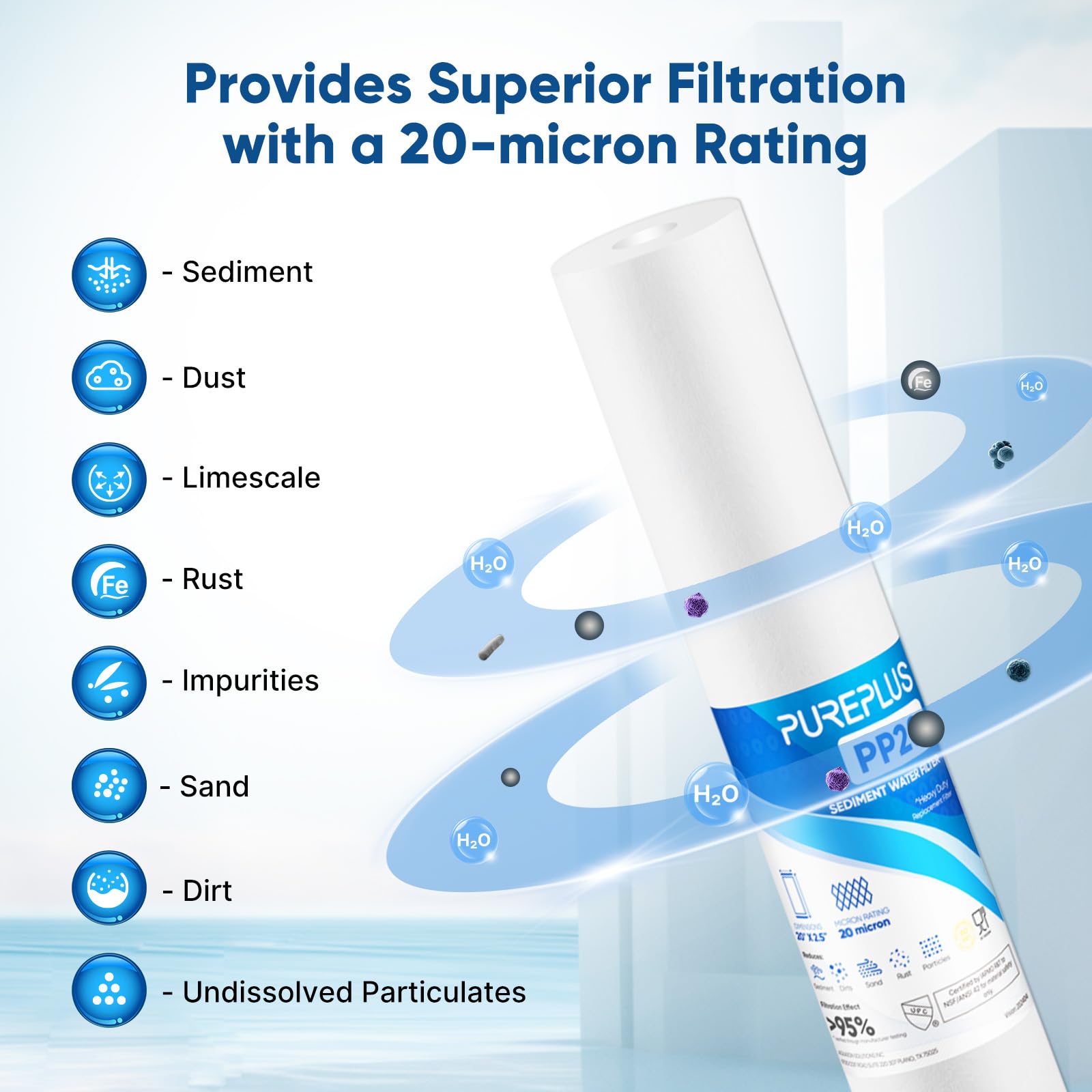 PUREPLUS Filtro dell'acqua per sedimenti domestici da 20 micron, 50,8 x 6,3 cm, pre-filtrazione per sedimenti da 50,8 cm, cartuccia di ricambio Aqua Pure AP110-2C, Pentek P1-20/SP-P1-20/PX01-20, Watts
