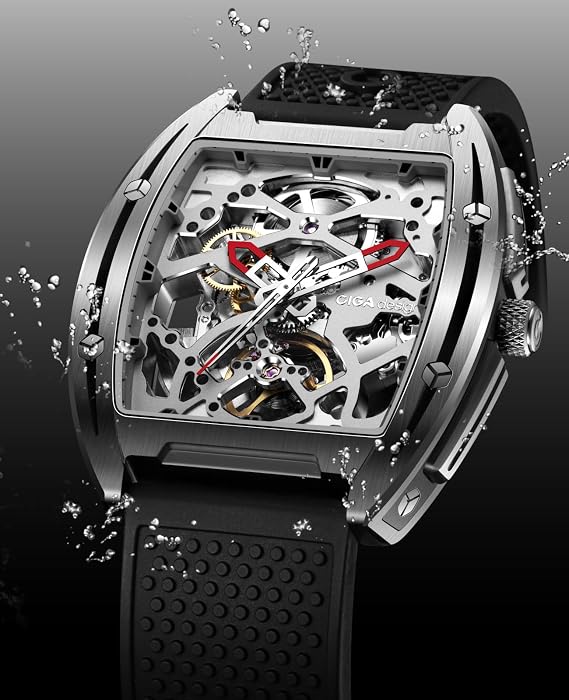 CIGA Design Edge Automatic Mechanical Watch for Men | Dual-sided Skeleton Design, Tonneau-Shaped Case, German Design Award 2020, Skeleton Hands, Sapphire Crystal, 3ATM Resistance