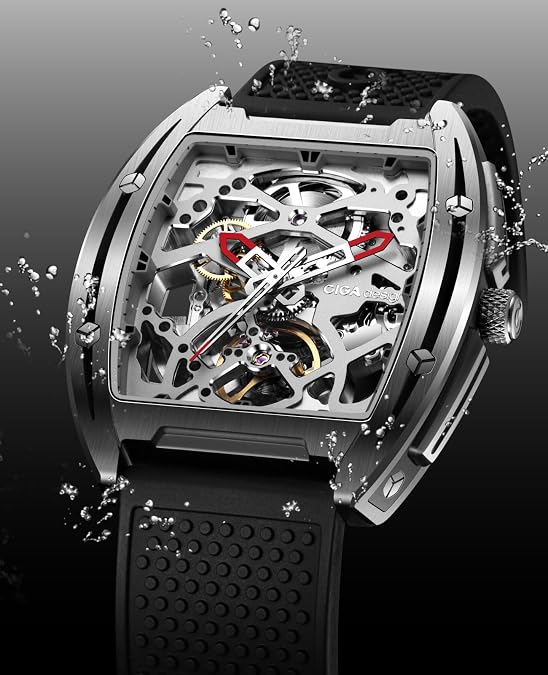 CIGA Design Z Series Automatic Mechanical Watch, Luxury Skeleton Wristwatch Tonneau with Silicone Strap Stainless Steel Business Dress Waterproof Timepiece Gifts for Men and Women