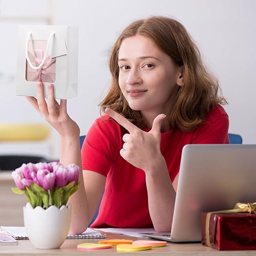 Miniatura 4 de Fuutreo 50 bolsas de regalo de papel kraft blanco con ventana de 7.5 x 3 x 6 pulgadas, asas y etiquetas para bodas, San Valentín, papel de regalo