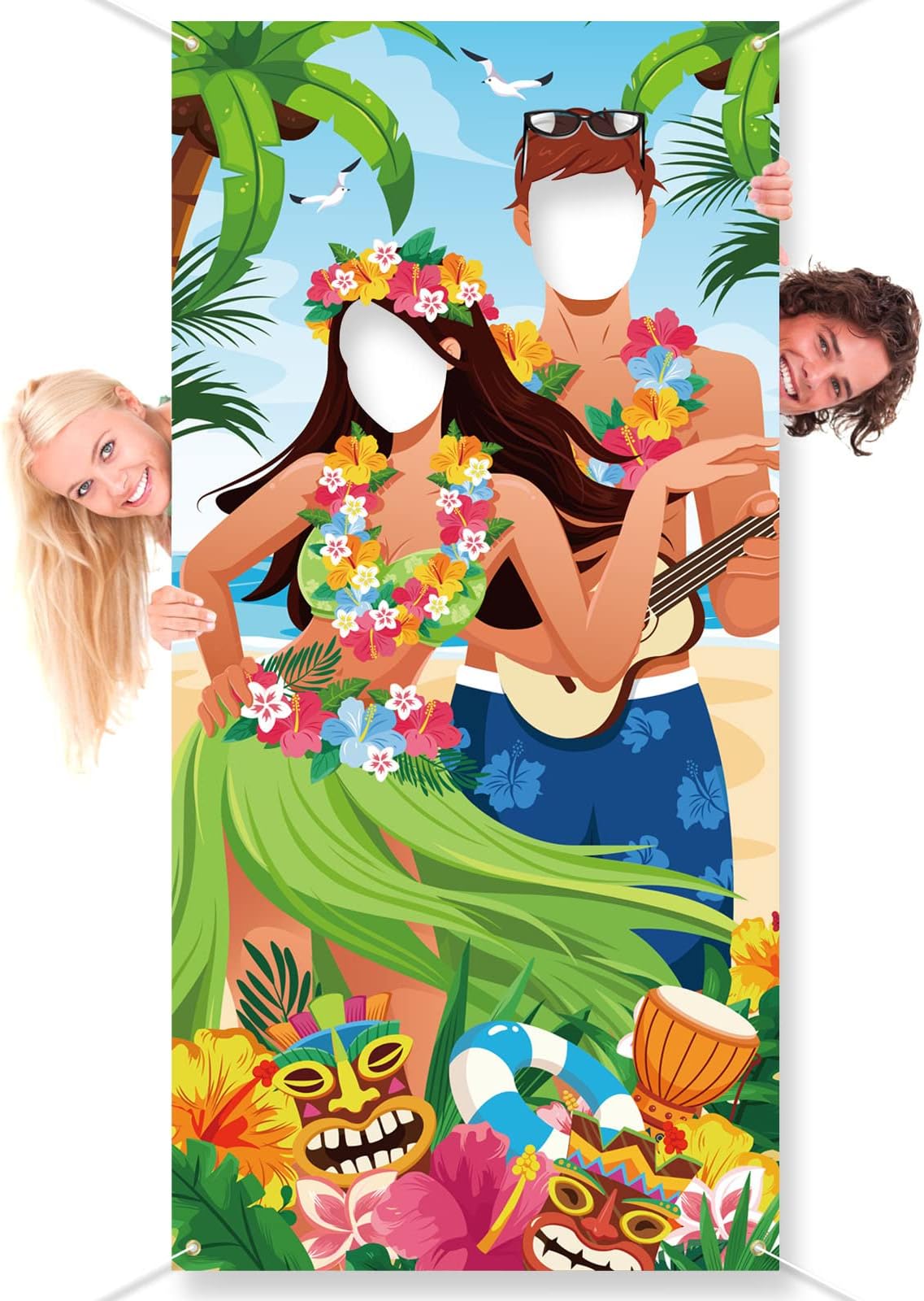 DPKOW Funny Hawaiian Party Couple Photo Props, Giant Fabric Tropical Luau Tiki Party Door Banner for Hawaiian Party Decorations, Couple Face Game for Tropical Summer Party Photo Backdrop, 185 * 90cm