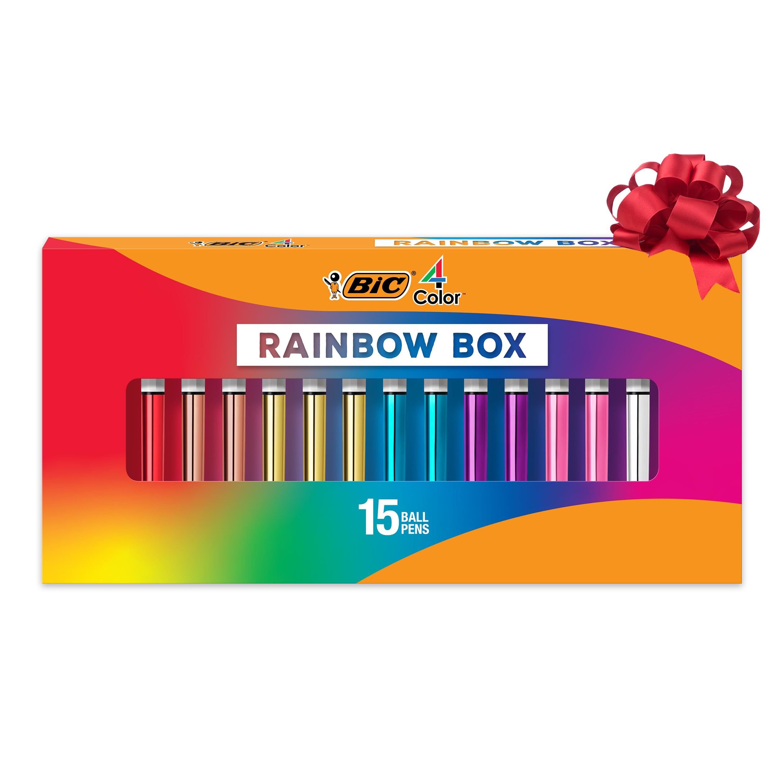 BIC Lot de 15 stylos à bille rétractables 4 couleurs Rainbow Shine, pointe moyenne (1 mm)