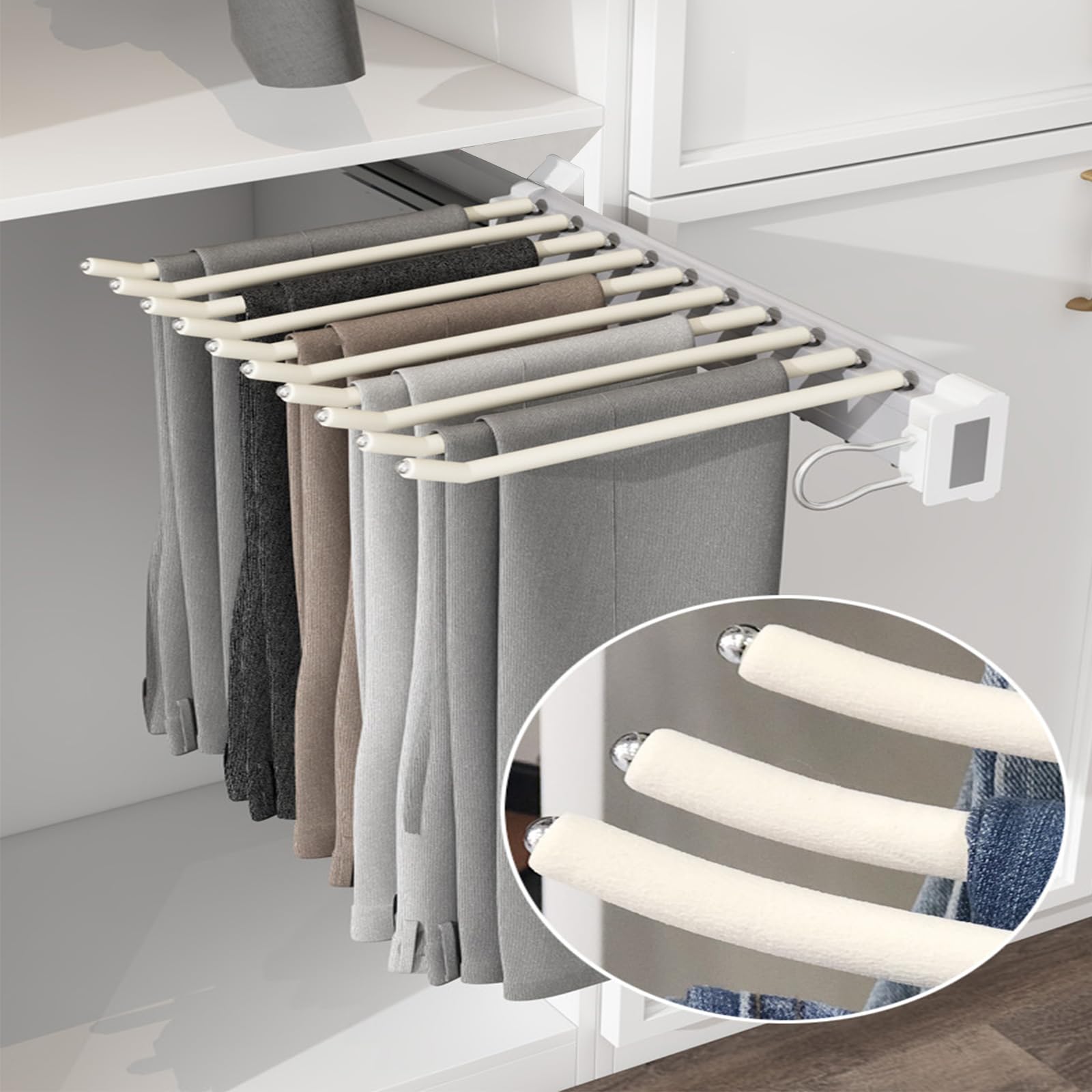 Percha para Pantalones Extensible, 10 Brazos, para Armario 46cm | riel suave, carga 20 kg y ahorro, flocado antideslizante, espacio en armarios, barra extensible para montaje lateral