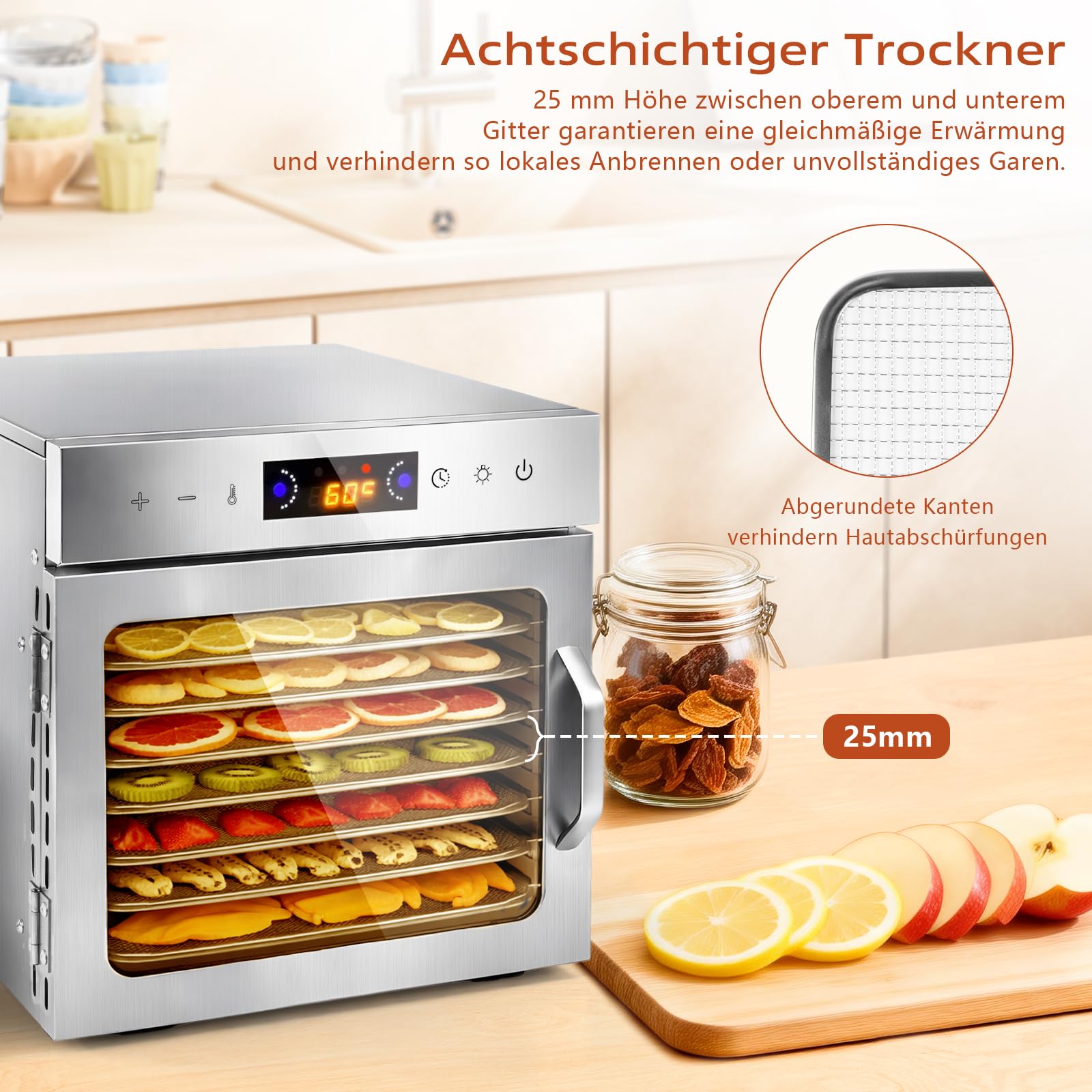 Dörrautomat Edelstahl mit 8 Stainless Steel Grids und 8 er Dörrfolie, BPA-frei, Einstellbare Temperatur von 35–90°C, Für Obst, Gemüse, Fleisch und Kräuter, Inklusive Rezeptbuch