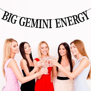 Big Gemini Energy Banner, Gemini Season/Gemini Baddie/Gemini Birthday Decor, 12 Zodiac Constellations Birthday Themed Party Decorations (Black Glitter)