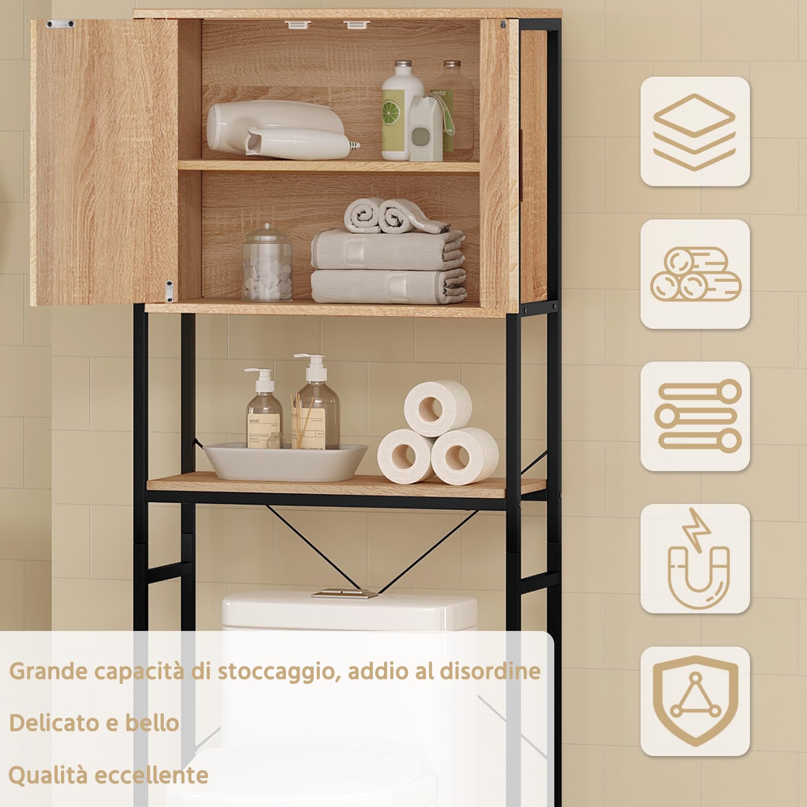 EUGAD Scaffale Sopra Lavatrice, Mobile Sopra WC, Scaffale da Bagno, Armadietto con Ripiano Regolabile e Ante, per Lavanderia, in Legno e Metallo, Nero+Rovere, 64,5x27x170cm