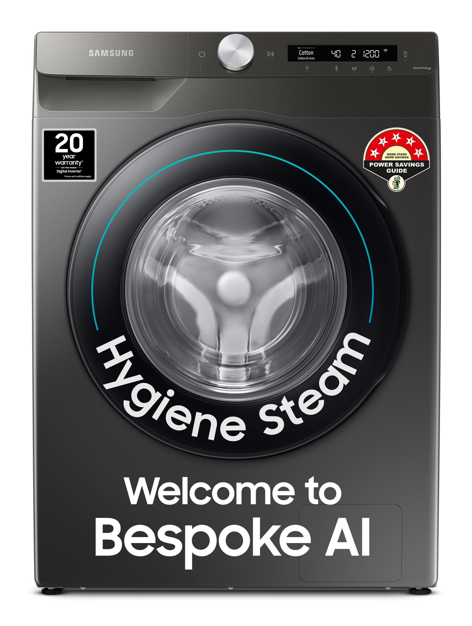 Samsung 7 kg, 5 Star, AI Control, Wi-Fi, Digital Inverter, Motor, Fully-Automatic Front Load Washing Machine (WW70T502NAN1TL, Hygiene Steam, Inox)