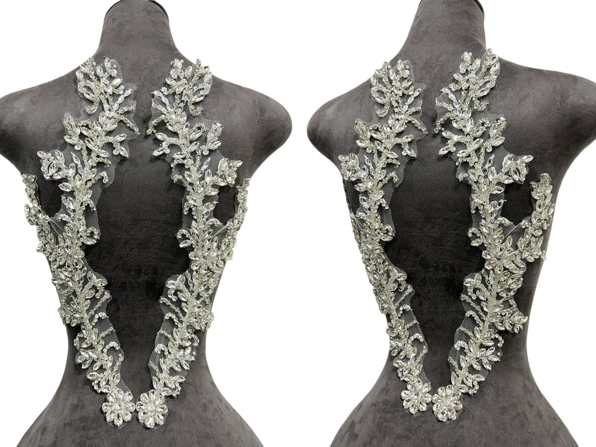 Handmade Beaded Crystal Patches with Rhinestone Applique Designs for Prom Formal Dress 1pair/Bag (Silver)