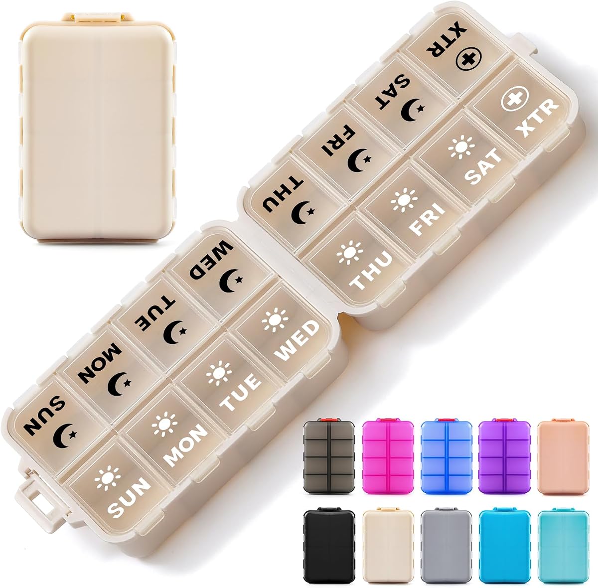Compact & Foldable Weekly Pill Organizer 2 Time a Day, 7-Day AM PM Pill Box | Large Capacity, Dual Protection, Clear Labels- Week Daily Travel Vitamin Case Holder, Supplement Fish Oil Medicine Dispenser