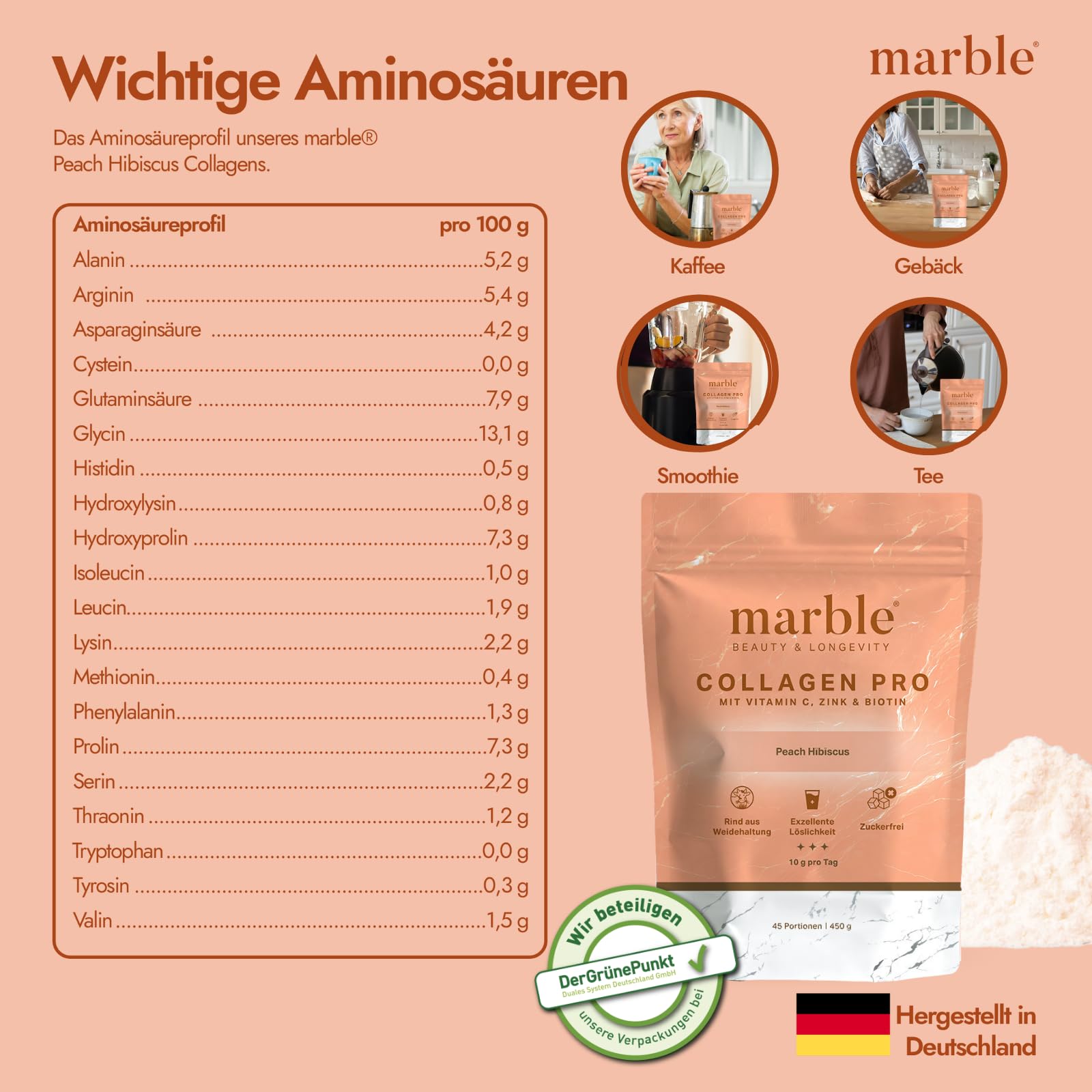 marble Poudre de collagène PRO 450 g – Poudre de collagène plus vitamine C, zinc & biotine – Peptides Skin Glow – Test sans risque pendant 60 jours – En bœuf de saule avec une solubilité parfaite